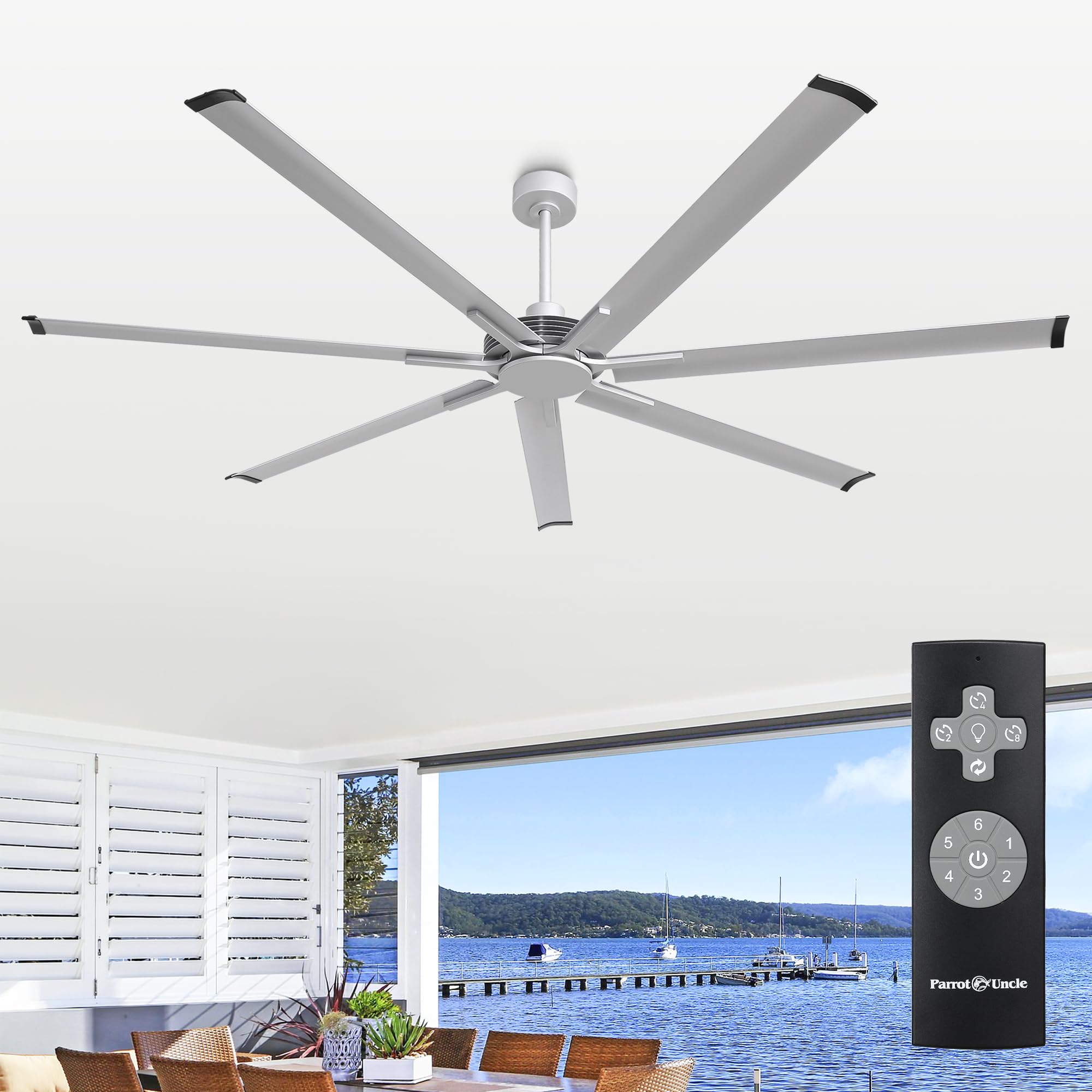 84 Inch Ceiling Fans without Lights, Silver Industrial Large Ceiling Fan No Light for Bedroom Living Room Shop Garage Indoor Out