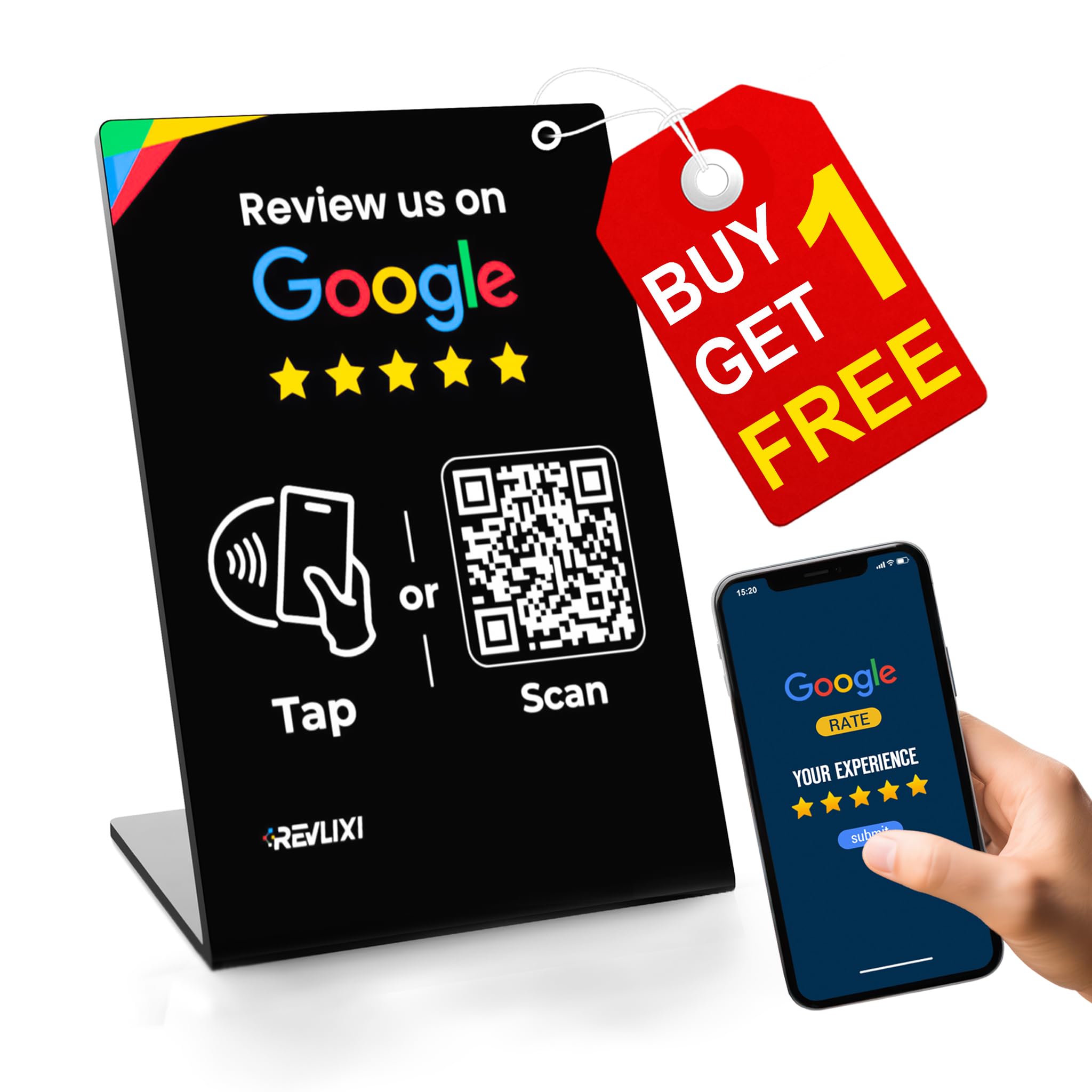REVLIXI Google Review Stand - Boost Reviews w/Reusable Google Review Tap Card Stand & QR Code Stand- Smart Phone & iPhone Compat