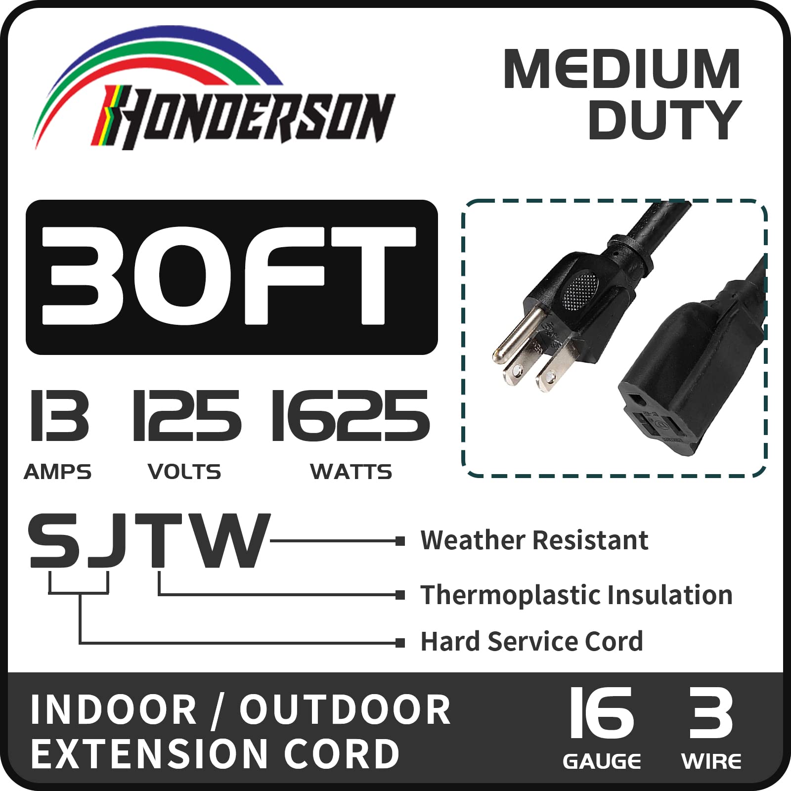 Honderson 30Ft Outdoor Extension Cord 16/3 Sjtw Durable Black Extension Cable With 3 Prong Grounded Plug For Safety,Great For Ou