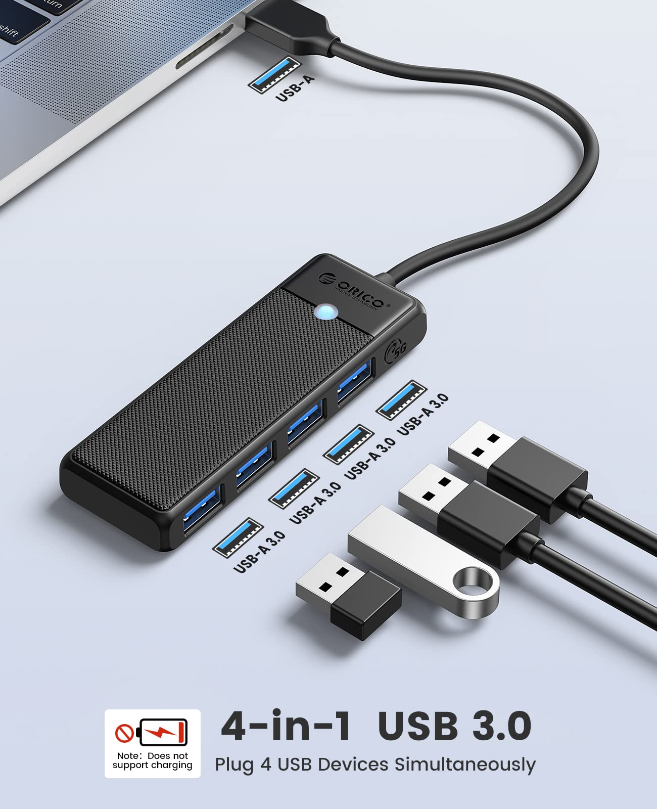 ORICO USB 3.0 Hub, 4 Port USB Hub with Long Cable, Ultra Slim USB Splitter for Laptop MacBook Pro, iMac, Surface Pro, XPS, PS5,PC, Flash Drive, Mobile HDD (Black/6ft)