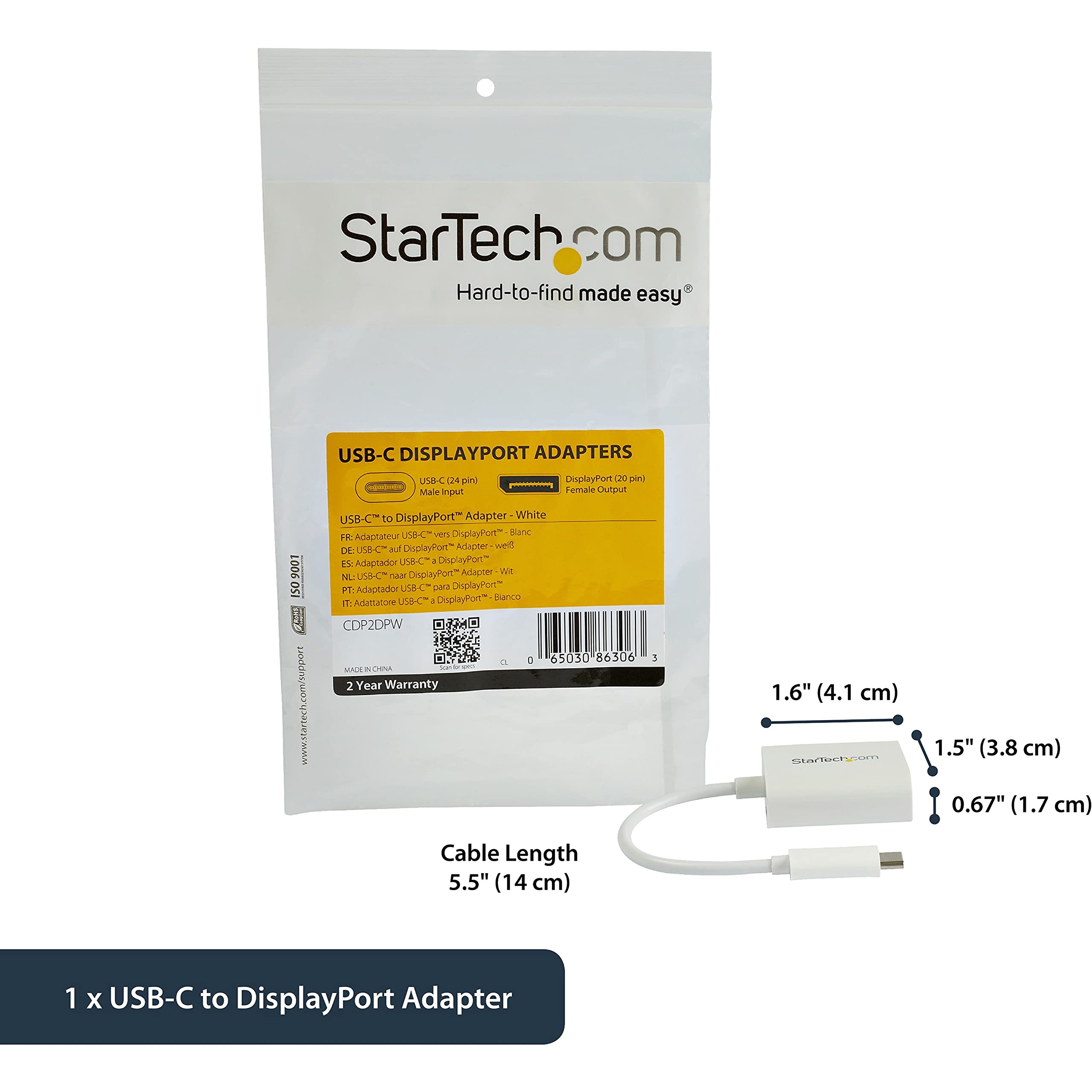 Startech.Com Usb C To Displayport Adapter - 4K 60Hz/8K 30Hz - Usb Type-C To Dp 1.4 Hbr2 Adapter Dongle - Compact Usb-C (Dp Alt M