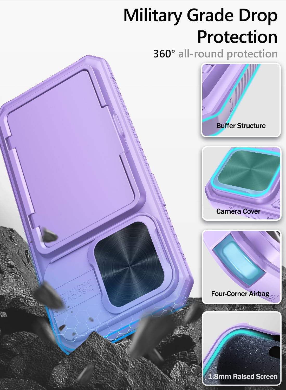 Vihibii For Iphone 15 Pro Case With Card Holder (4 Cards) & Slide Camera Cover & Kickstand, Shockproof Rugged Durable Hard Back