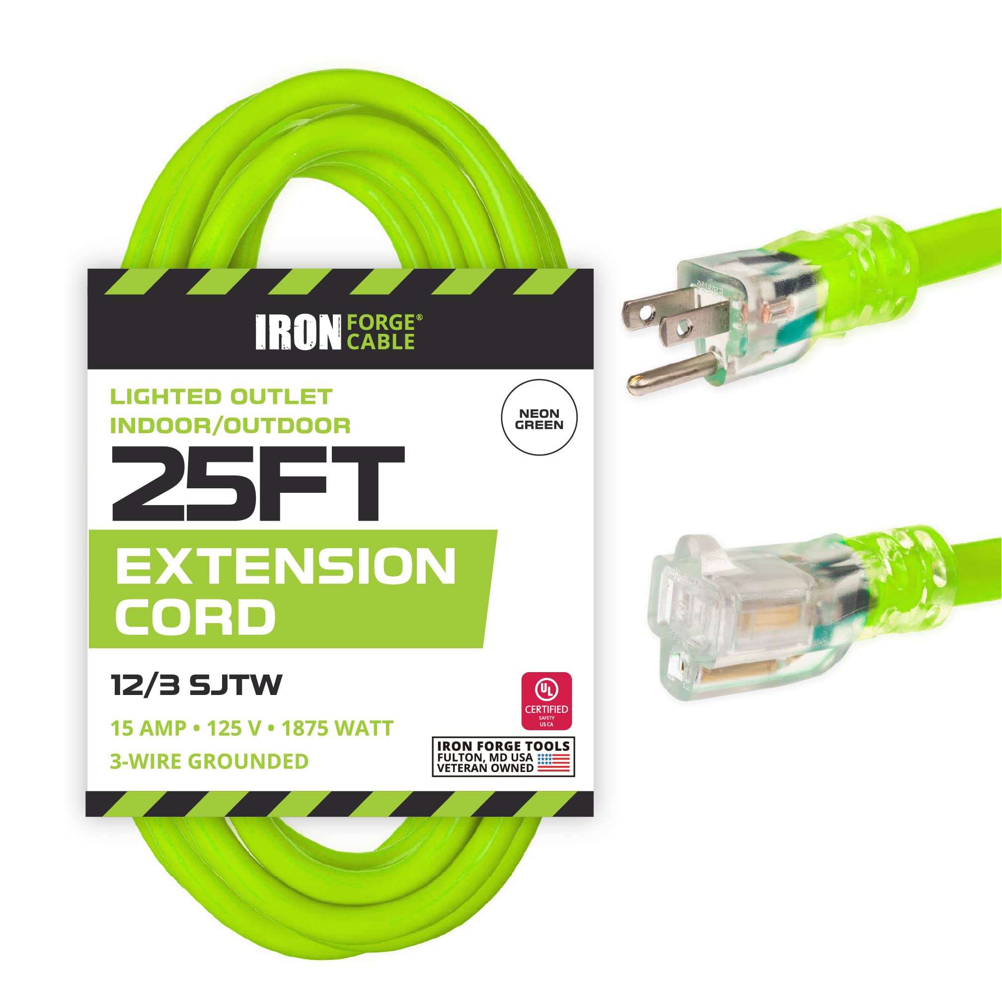 Iron Forge Cable 12 Gauge Extension Cord 25 Ft, 12/3 Sjtw 25 Foot Heavy Duty Extension Cord Outdoor 3 Prong, Weatherproof 15 Amp