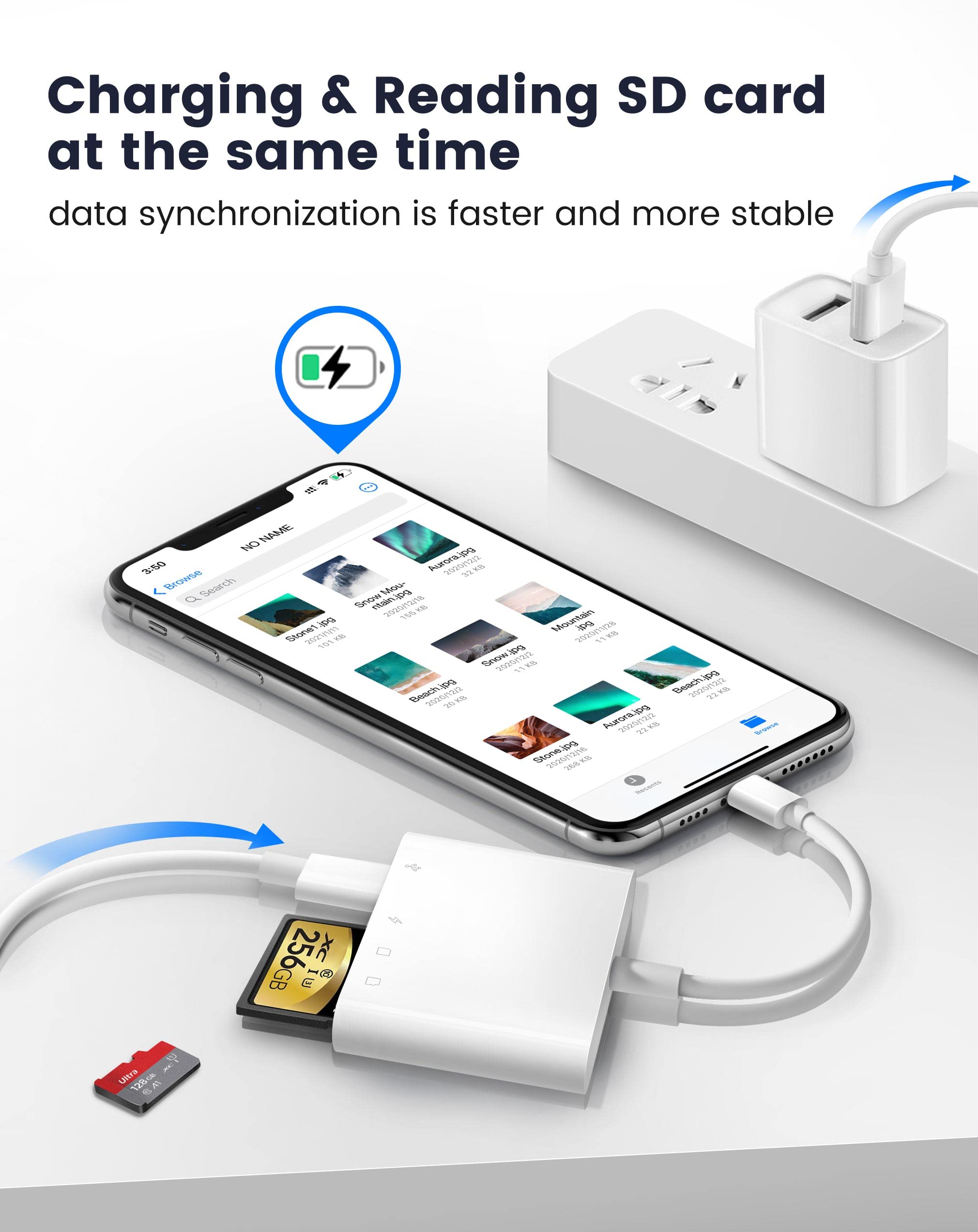 Sd Card Reader For Iphone Ipad, 4 In 1 Micro Sd/Sd Card Reader To Iphone Adapter, Sd Card Viewer With Tf/Sd Dual Slot, Portable Camera Memory Card Reader For Iphone With Charging Port, Plug And Play