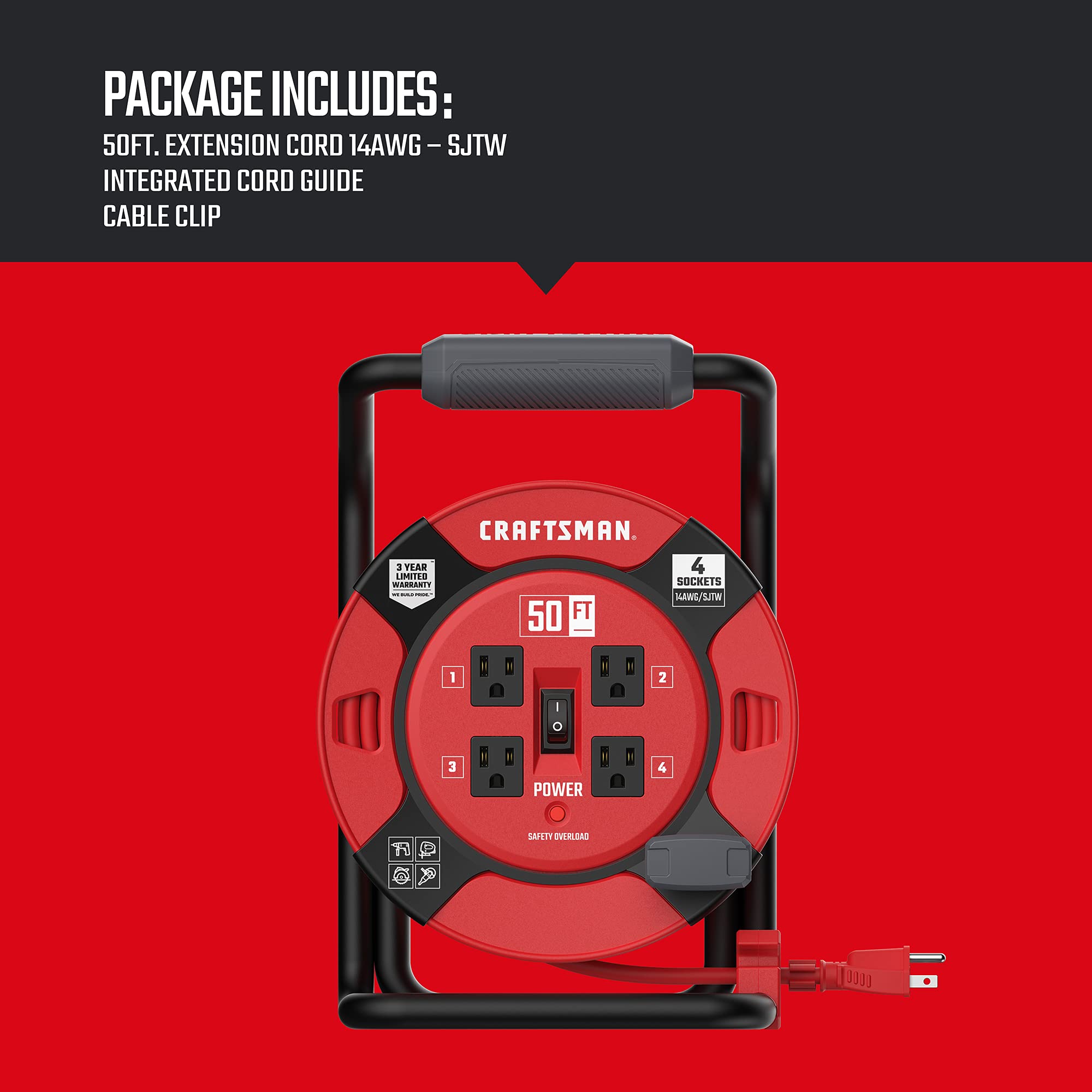 Craftsman Retractable Extension Cord Reel 50 Ft. With 4 Outlets & Heavy Duty 14Awg Sjtw Cable