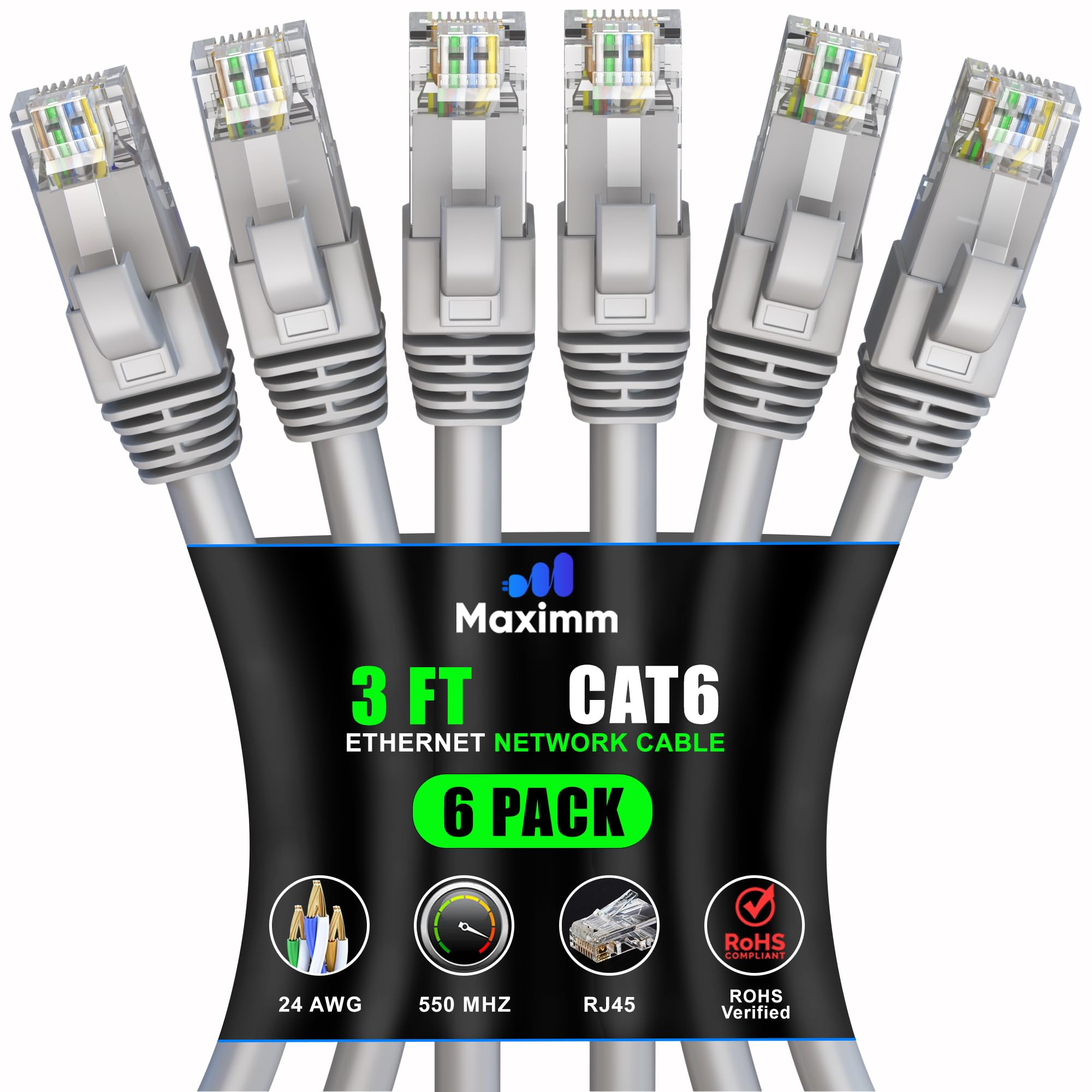 Maximm Cat 6 Ethernet Cable 3 Ft (6 Pack)   High Speed Lan Cable, Internet Cable, Patch Cable, And Network Cable   Utp, 10Gbps, 550Mhz Ethernet Cord   Gray