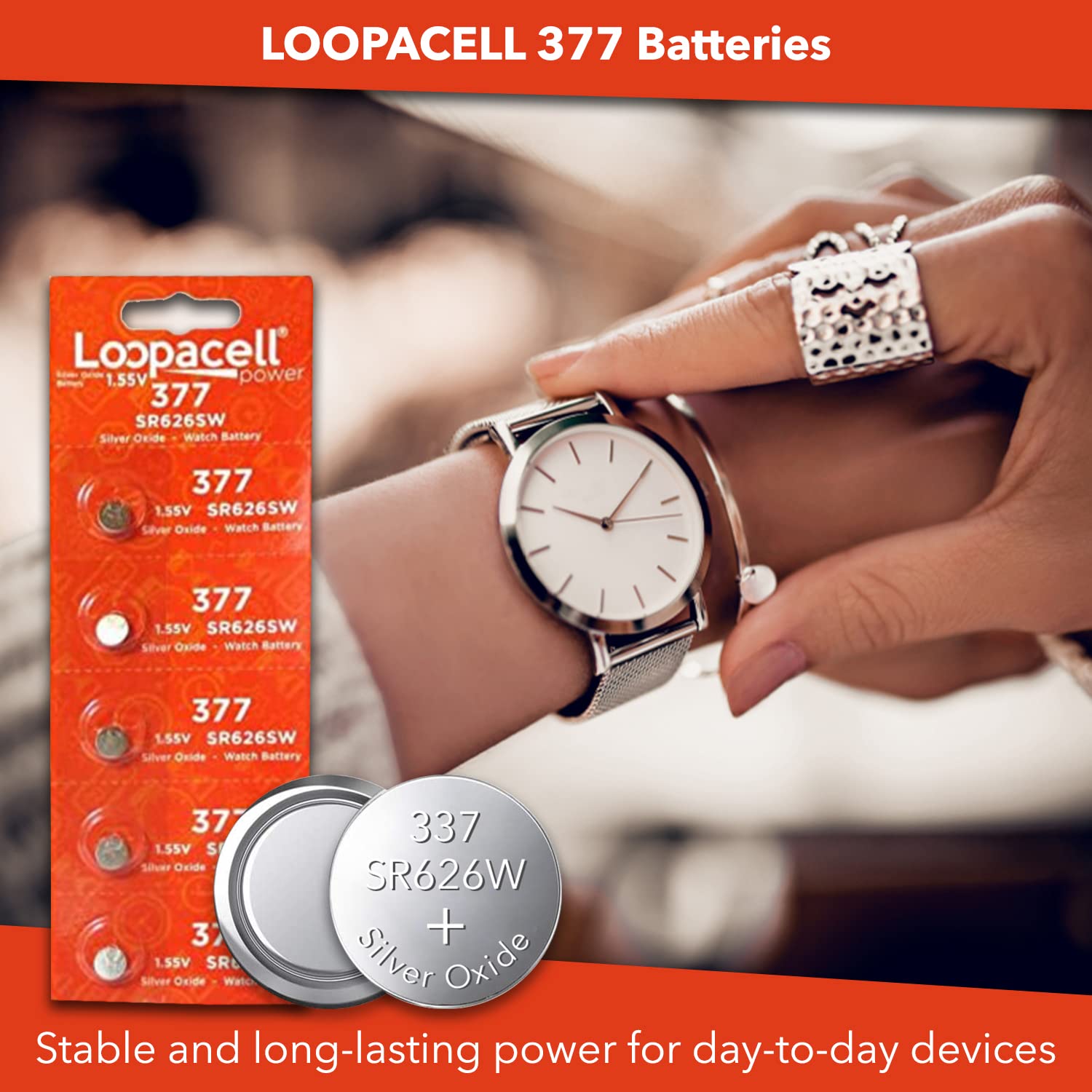 Loopacell 377/376 / Sr626W / Sr626Sw / Silver Oxide Watch Batteries (Pack Of 5)   1.55V Long Lasting Coin Cell Battery For Watch