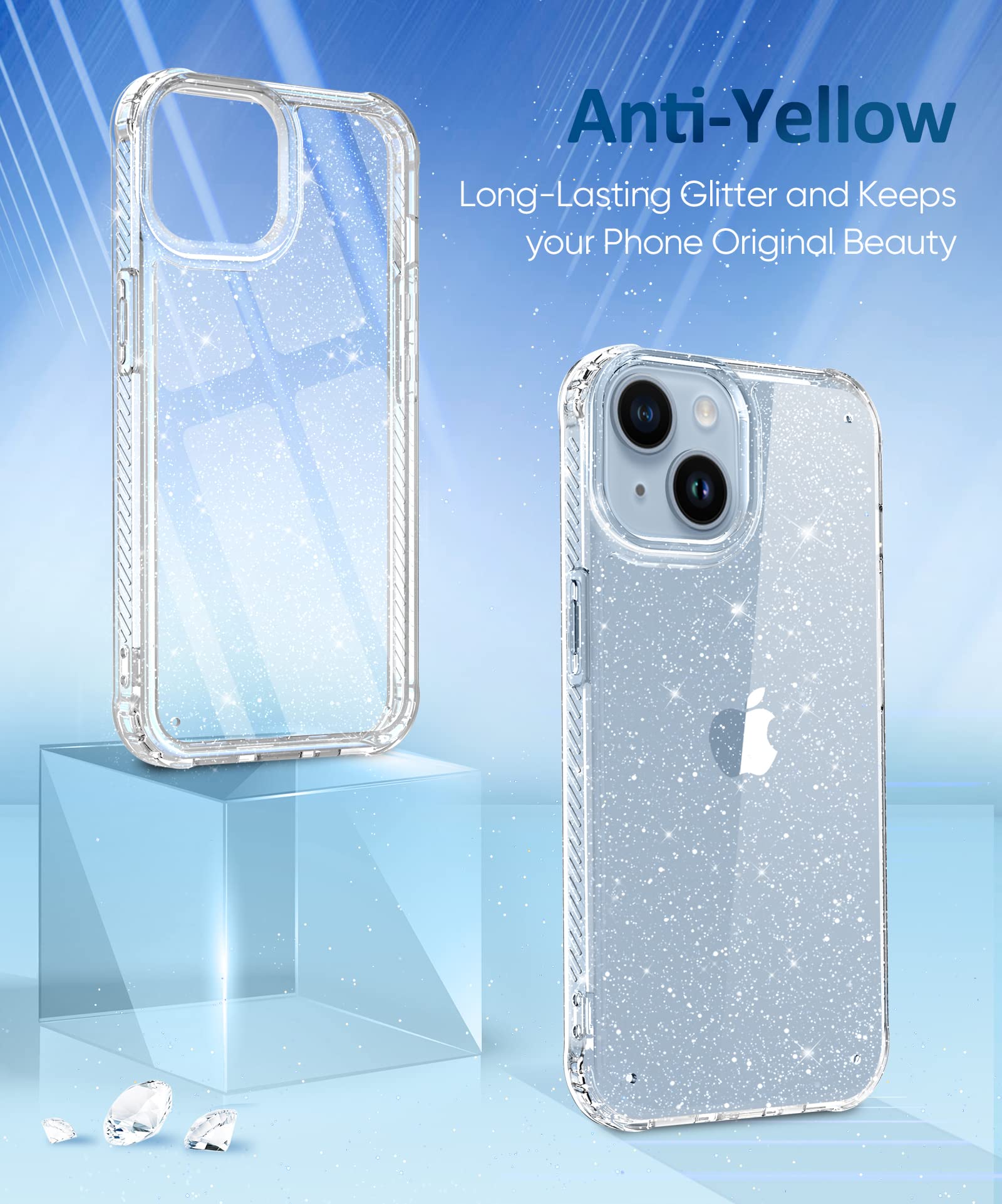 Miodik For Iphone 14 Case With Screen Protector + Camera Lens Protector, [Non Yellowing] Clear Glitter Phone Case, [Military Gra