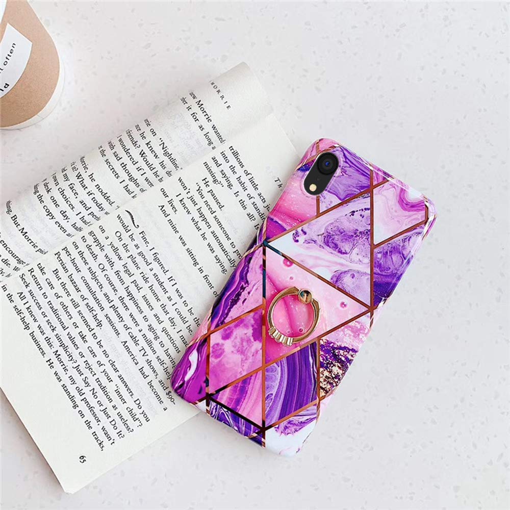 Qokey iPhone XR Case Marble Design 360 Ring Kickstand Soft TPU Shockproof Purple for iPhone XR 6.1"