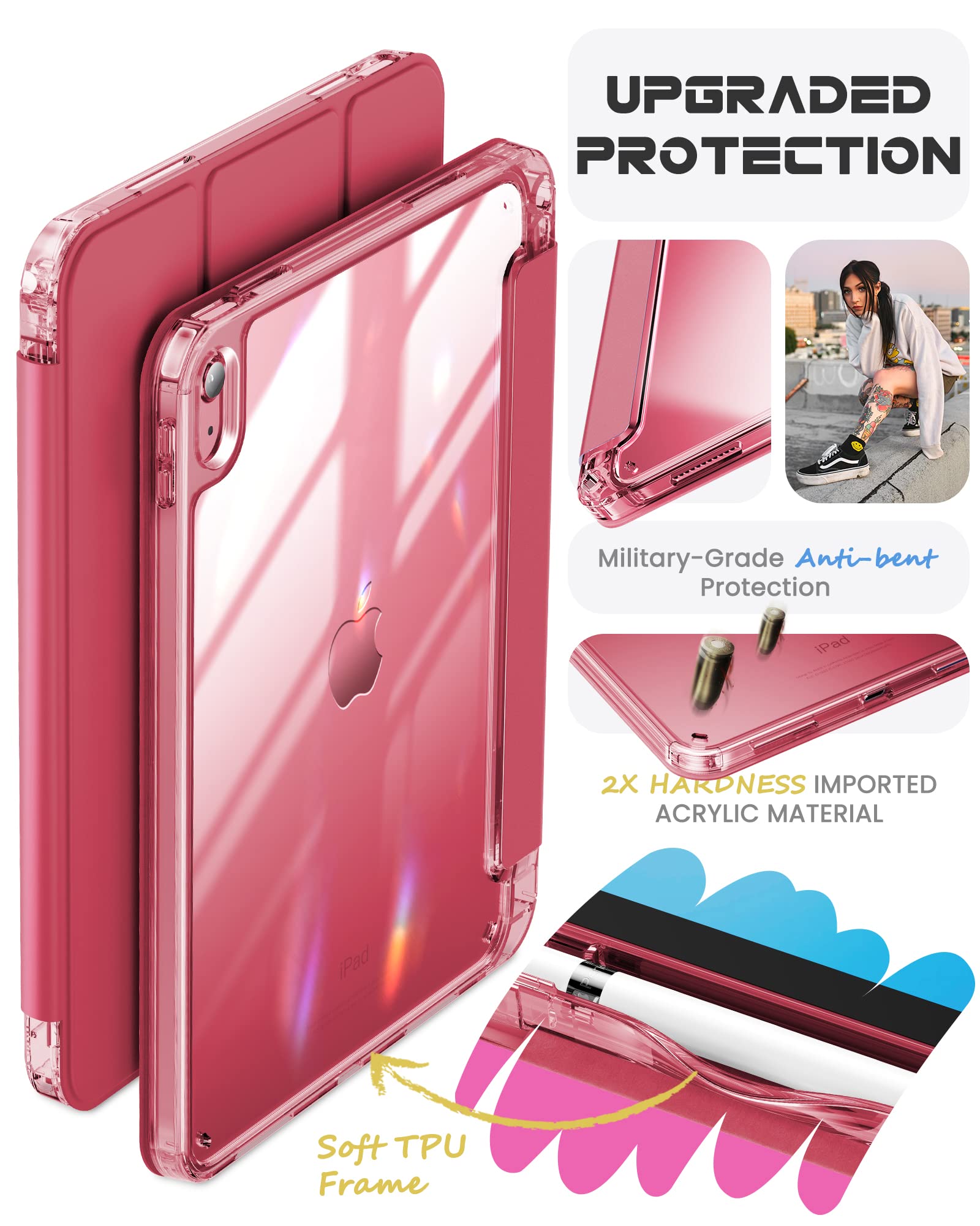 Infiland Compatible With Ipad (A16) 11Th Generation 11 Inch 2025 Case, Ipad 10Th Generation Case 2022 10.9 Inch 2022, Crystal Clear With Slot For Pencil & Charging Adapter, Rose Pink