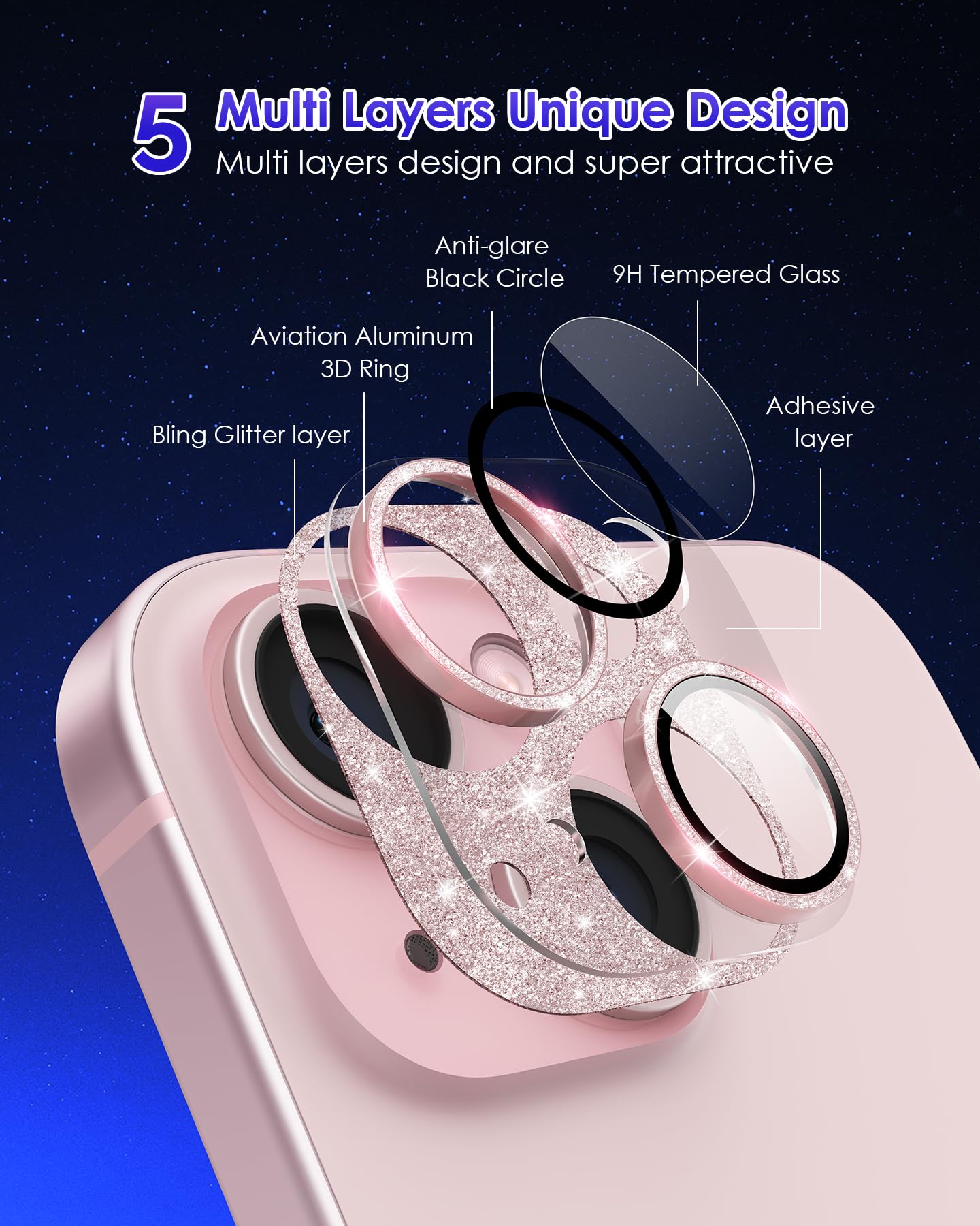 Kanosan Iphone 15 Pro/Pro Max 9H Tempered Glass Camera Lens Protector With Aluminium Alloy Ring, Glitter Plus, Case Friendly, Gl