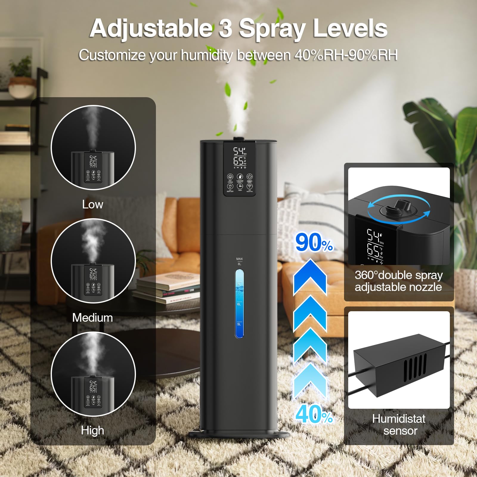 Honovos Smart Humidifiers Large Room Bedroom Home, 2.11Gal(8L) Quiet Top Fill Cool Mist Humidifier, Smart App & Remote Control,