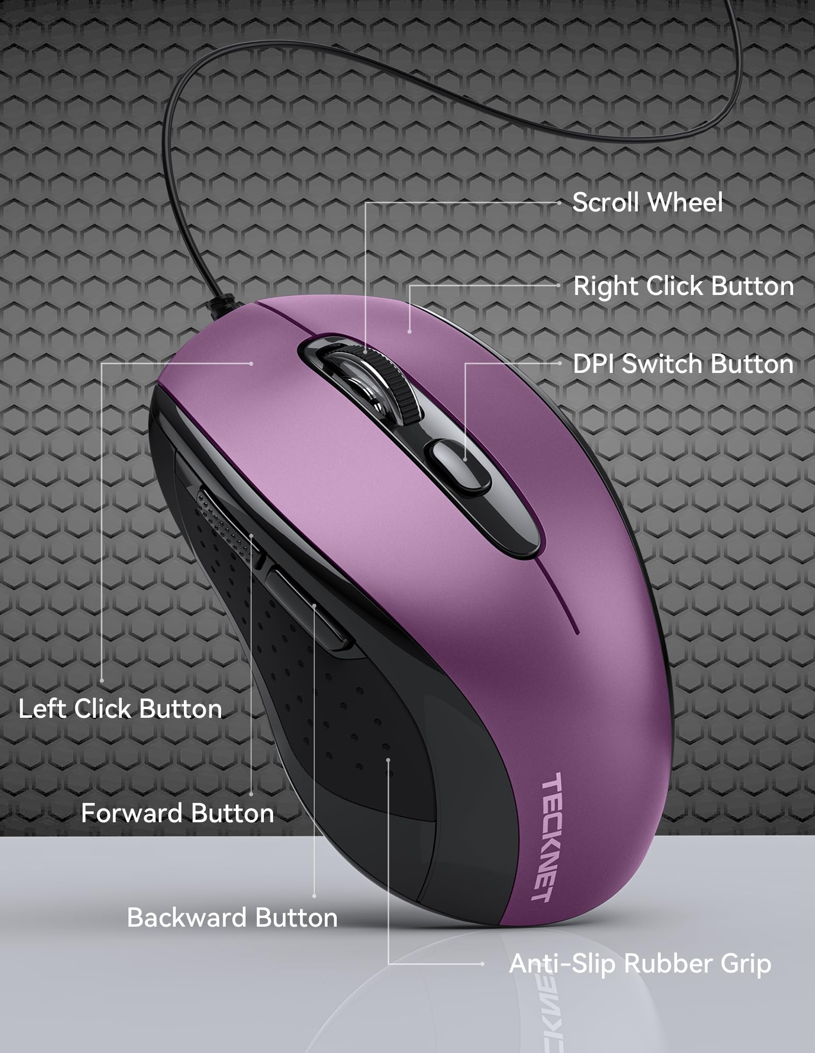 Tecknet Usb Wired Mouse, 3600Dpi Corded Computer Mouse With 4 Adjustable Levels, 6 Button 5Ft Cord Ergonomic Mice, Home And Office Mouse For Laptop Pc Desktop Notebook   Purple