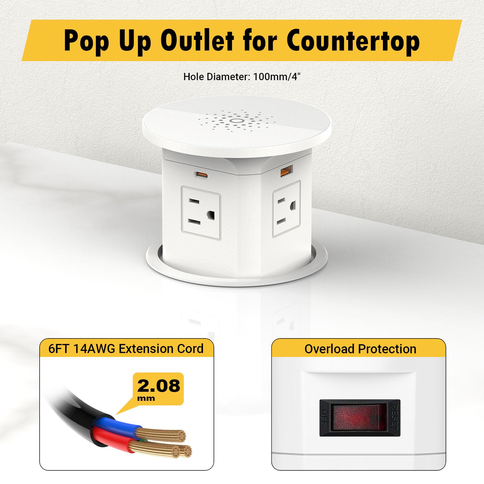 Kungfuking Pop Up Outlet For Countertop Kitchen, 65W Usb C Wireless Counter Top Electrical Power Outlet, 15A/1875W Receptacle Ch