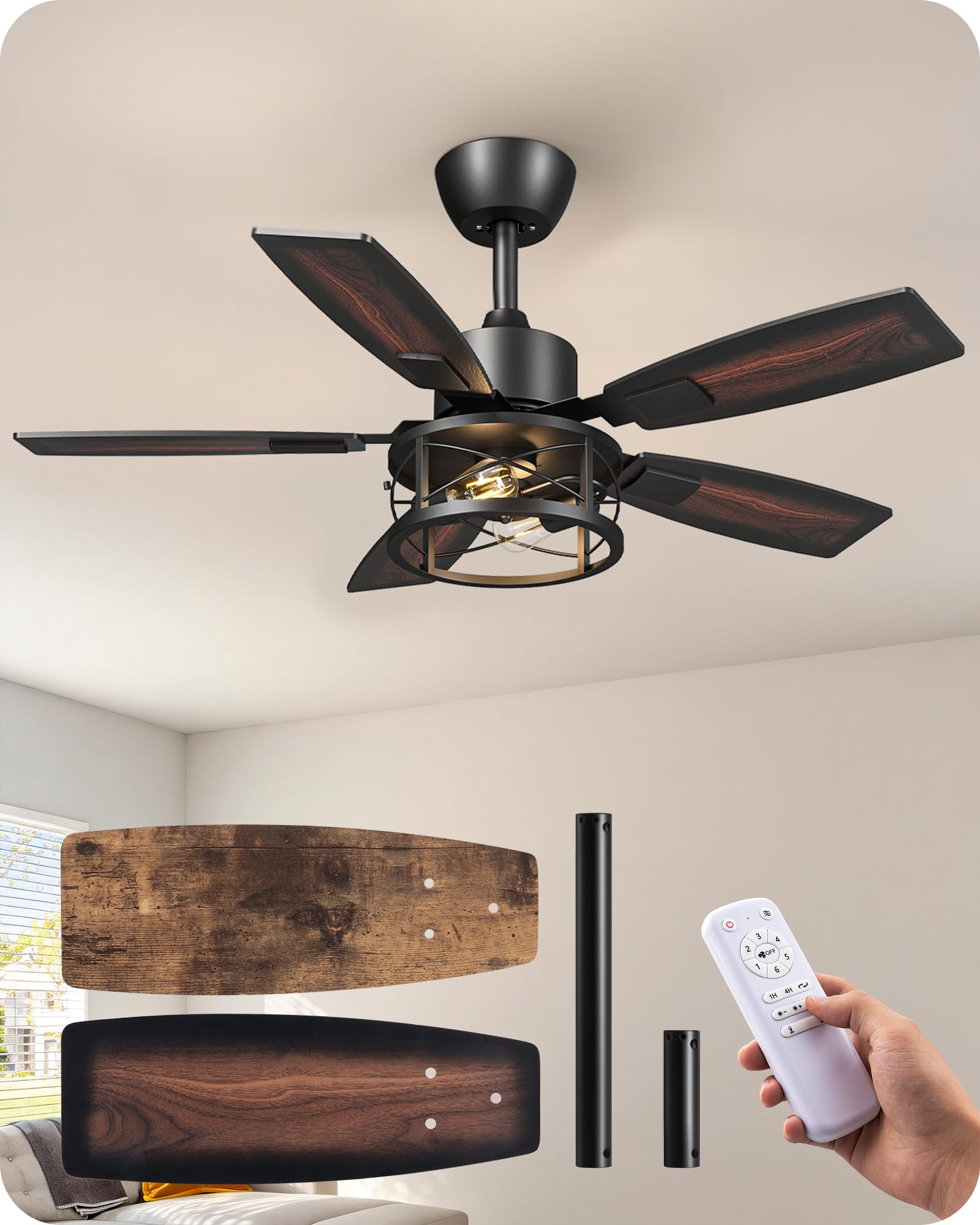 EDISHINE 42 Farmhouse Ceiling Fans with Lights and Remote, 10%-100% Dimmable, Reversible DC Motor, 6 Speed, 5 Wooden Blades, Tim