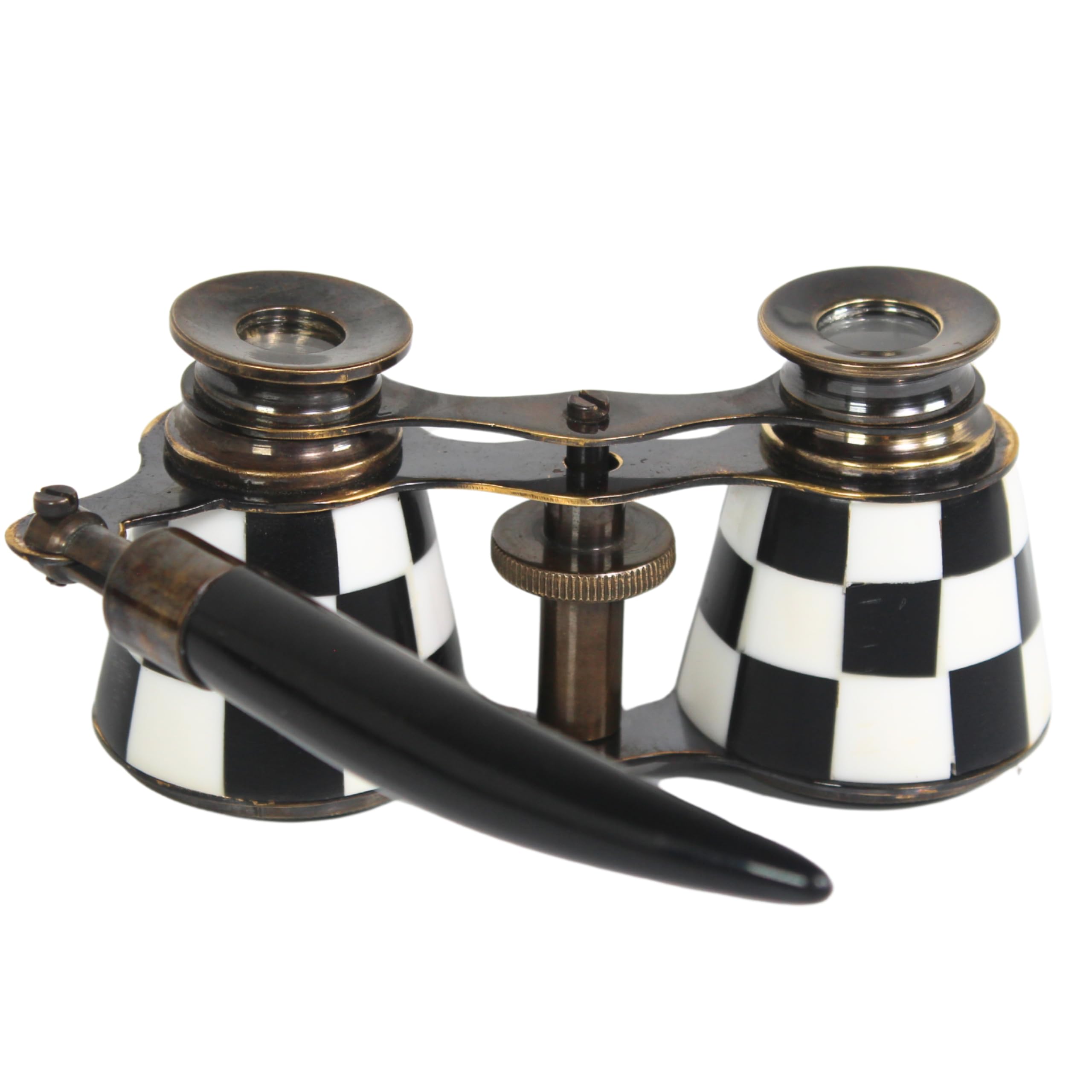 Checkered Opera Glasses with Handle - Vintage Brass Theater Binoculars for Women - Black & White Enamel Retro Style Collectible 