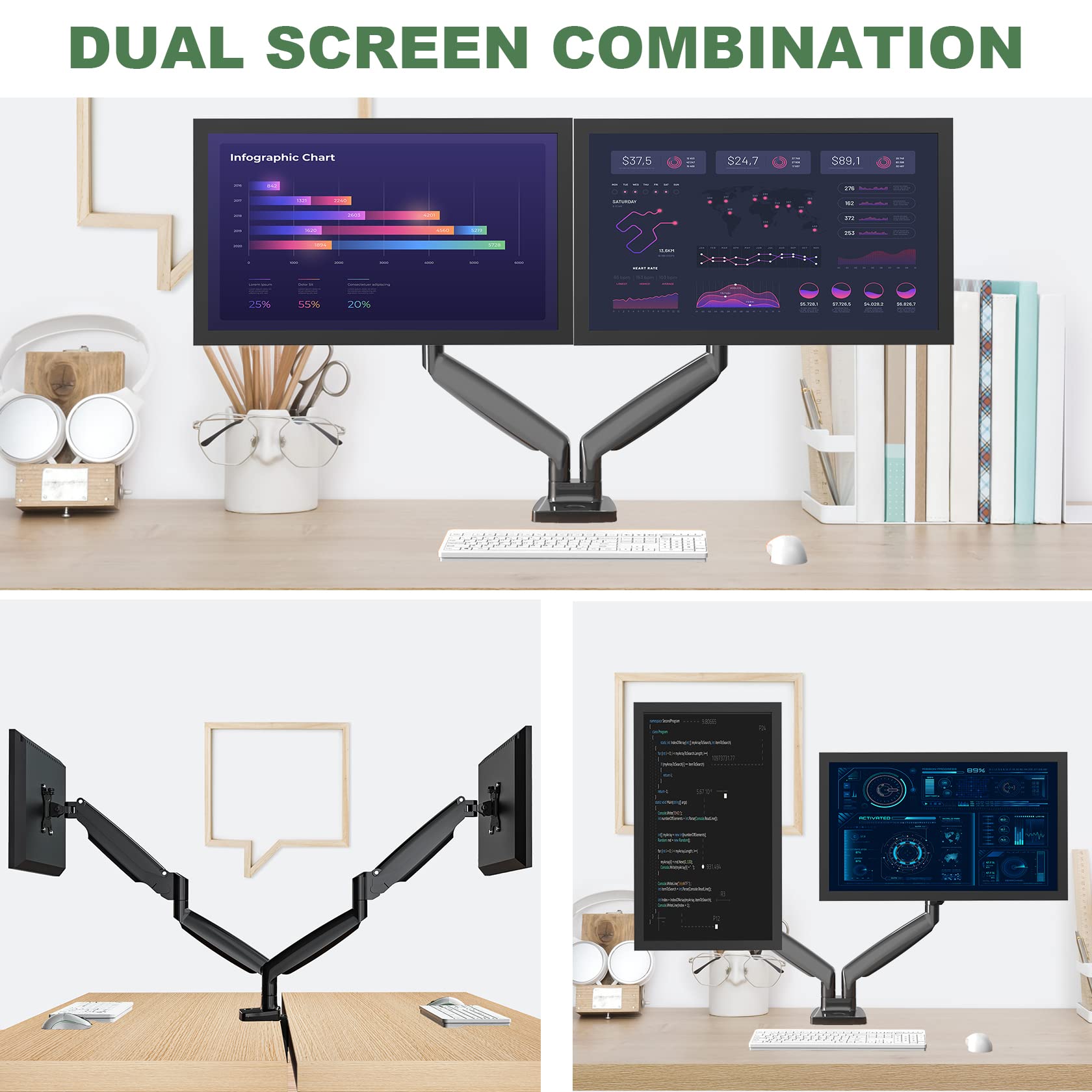 Upgravity Dual Monitor Mount, Dual Monitor Desk Mount For Two Ultrawide 22'' 34'' Flat/Curved Computer Screens, Fully Adjustable