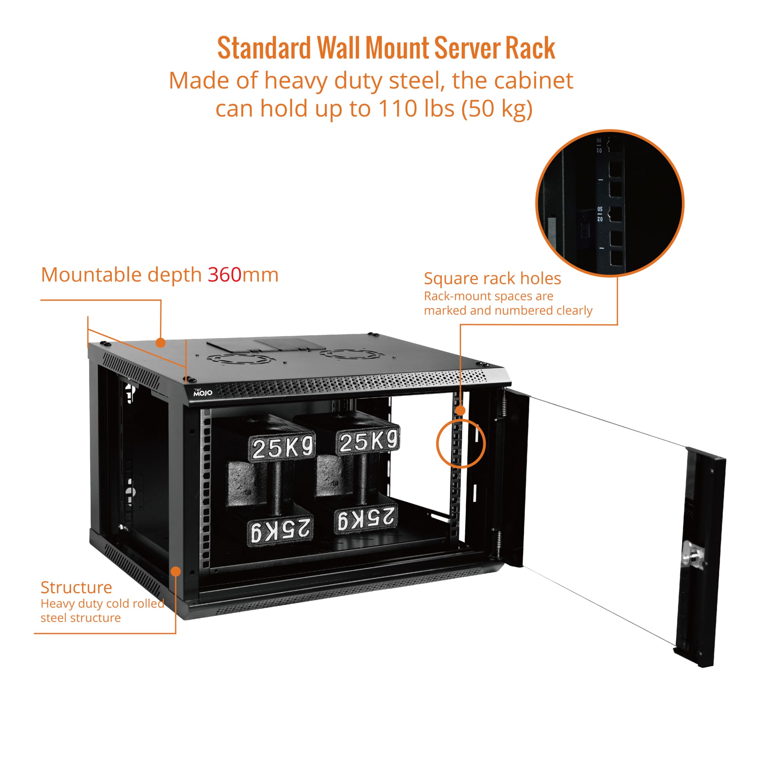 Tecmojo 6U Wall Mount Server Cabinet It Network Rack Enclosure Lockable Door And Side Panels Black,Cooling Fan,Standard Glass Do