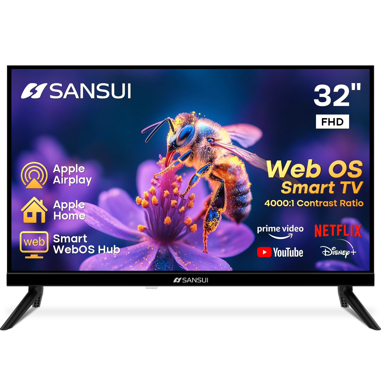 SANSUI 32 inch FHD Smart WebOS TV | Frameless Screen with chromecast Built in | 4000:1 Contrast Ratio|WebOS Hub with 2  8W Speak