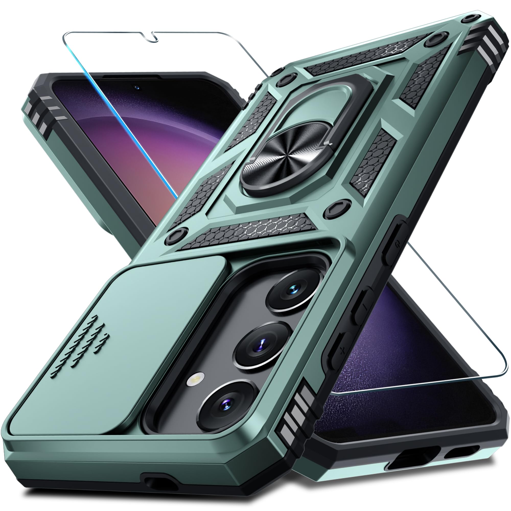 Janmitta Compatible With Samsung Galaxy S24+ Plus Case Built In Slide Camera Lens Cover+Screen Protector+Finger Ring Holder Kick