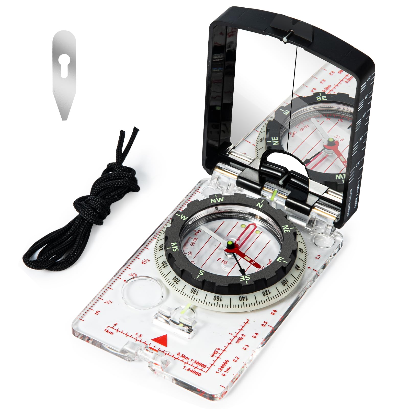 Nihtdoy High-Precision Compass with Mirror for Hiking, Camping, Adjustable Declination, Portable Orienteering Compass with Map S