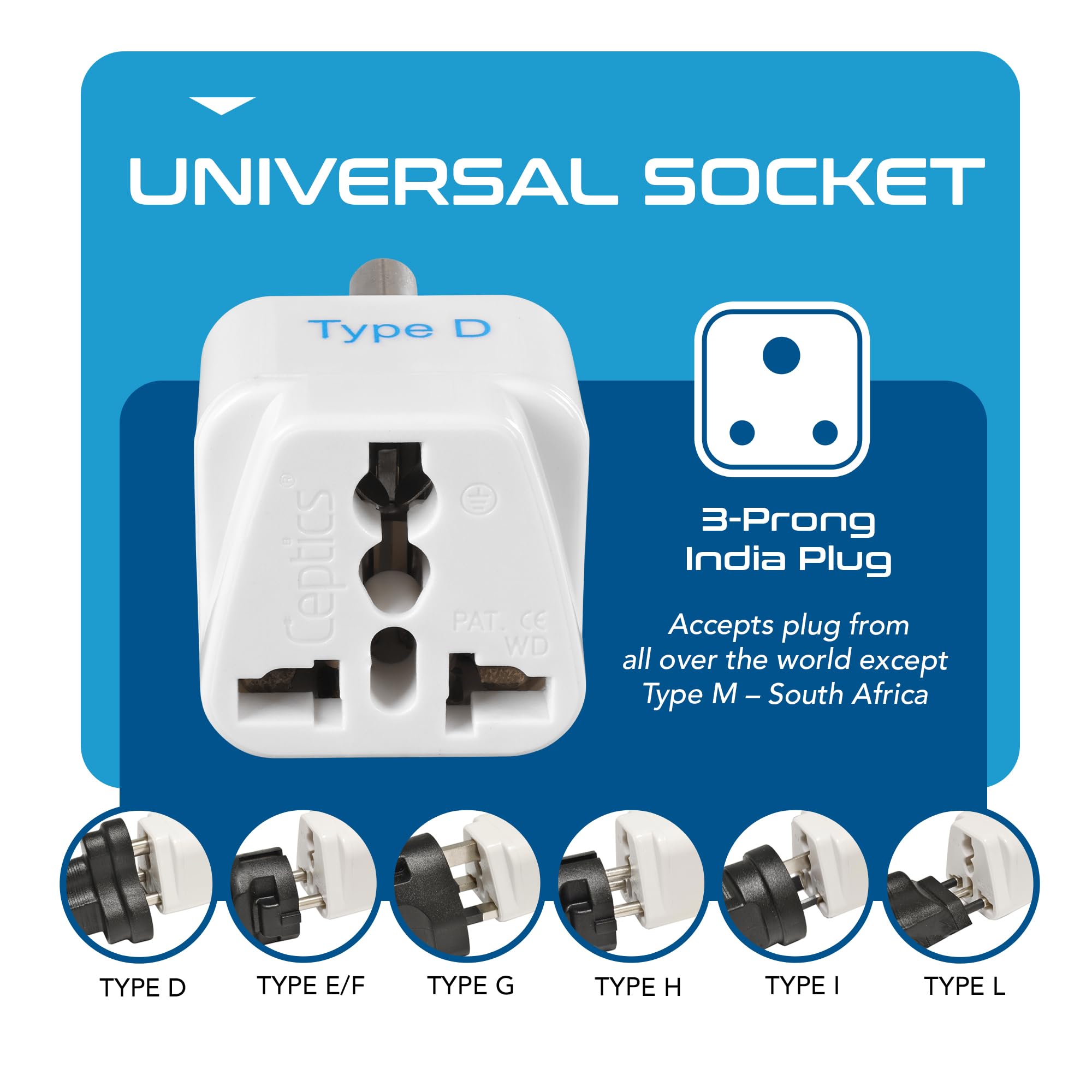 Ceptics India Travel Plug Adapter (Type D) For Pakistan, Nepal, Bangladesh   3 Pack [Grounded & Universal] (Gp 10 3Pk)
