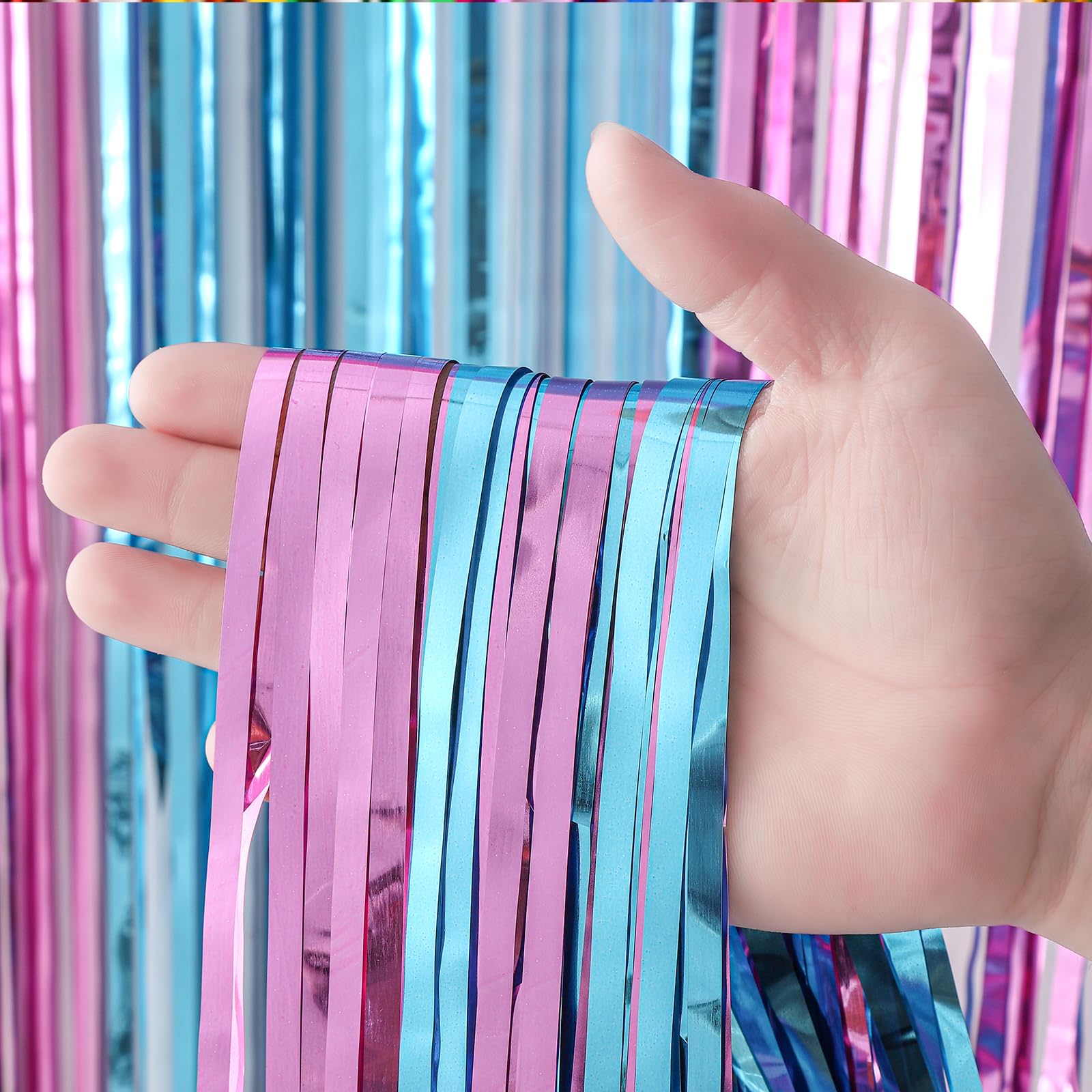 Voircoloria 2 Pack 3.3X8.2 Feet Blue And Pink Foil Fringe Backdrop Curtains, Tinsel Streamers Birthday Party Decorations, Fringe