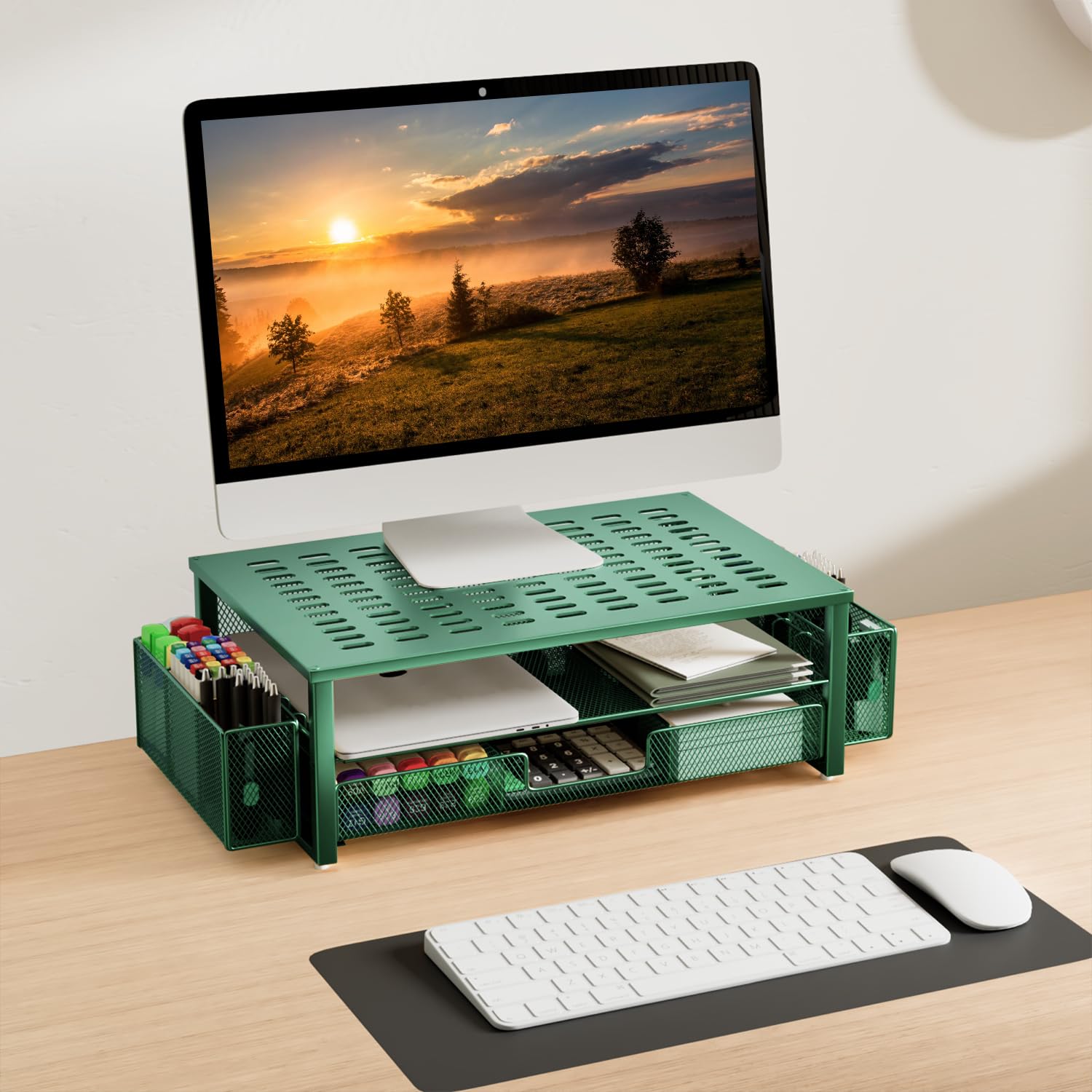 Gianotter Monitor Stand With Drawer And Pen Holder, Green Desk Accessories, 2 Tier Monitor Riser, Ideal For Office Supplies Desk