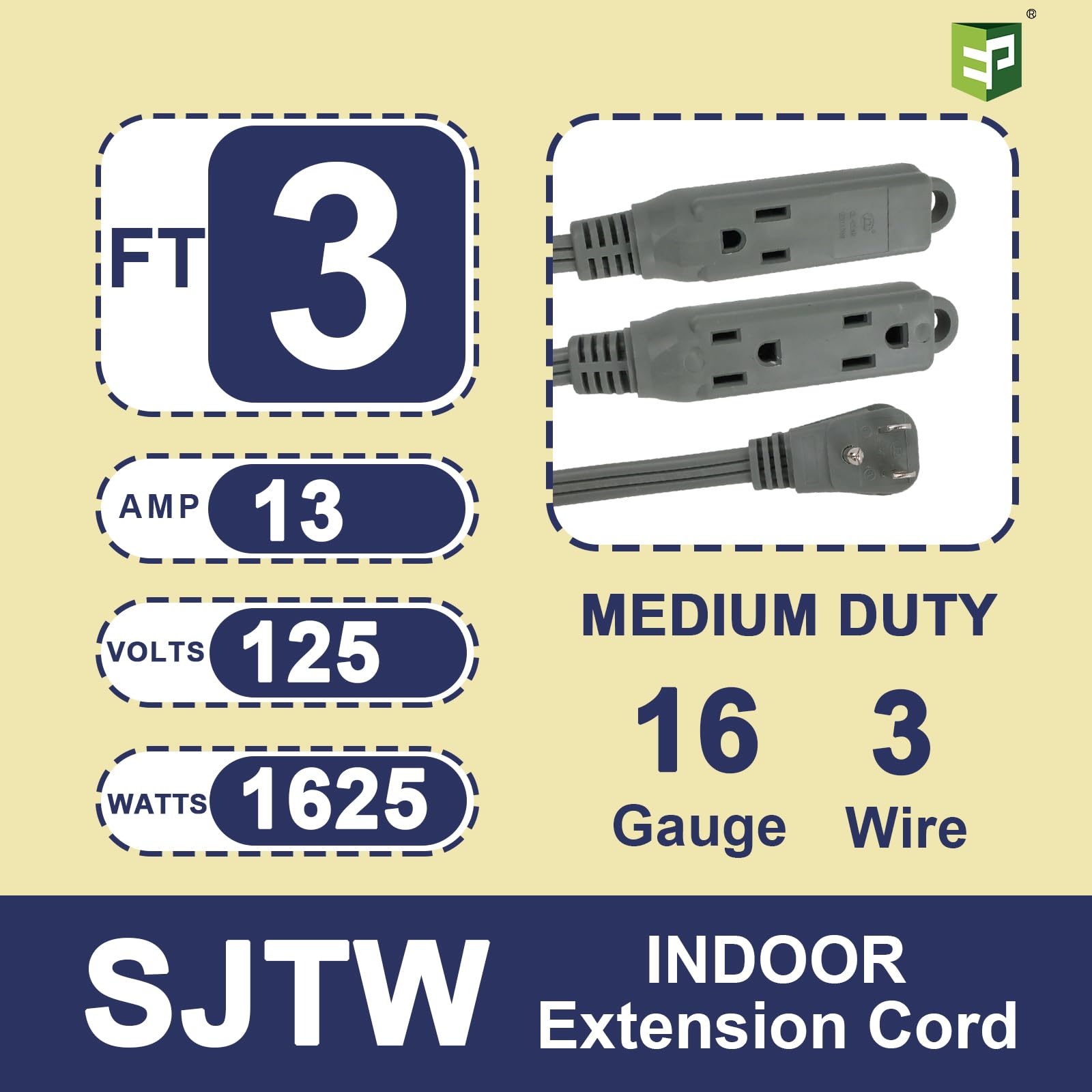 Ep 3 Ft 3 Outlet Extension Cord With Flat Plug, 3 Prong Grounded, 16/3 Spt 3 Power Cable For Indoor Use, Grey, 2 Pack