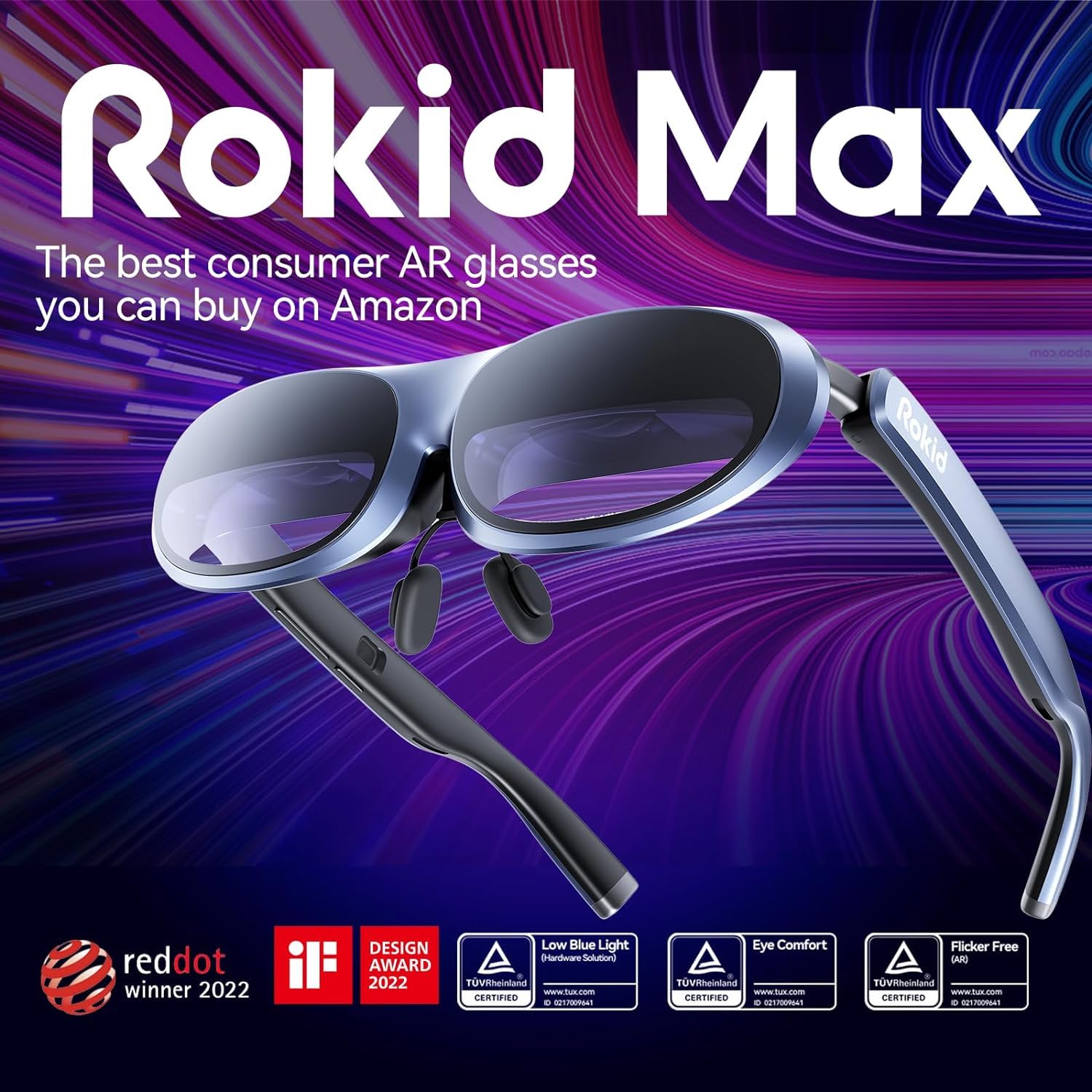 Rokid Max Ar Glasses, Smart Glasses With 360'' Micro Oled Display, Google Play, Media Streaming, Hdcp Support & Cloud Gaming, Co