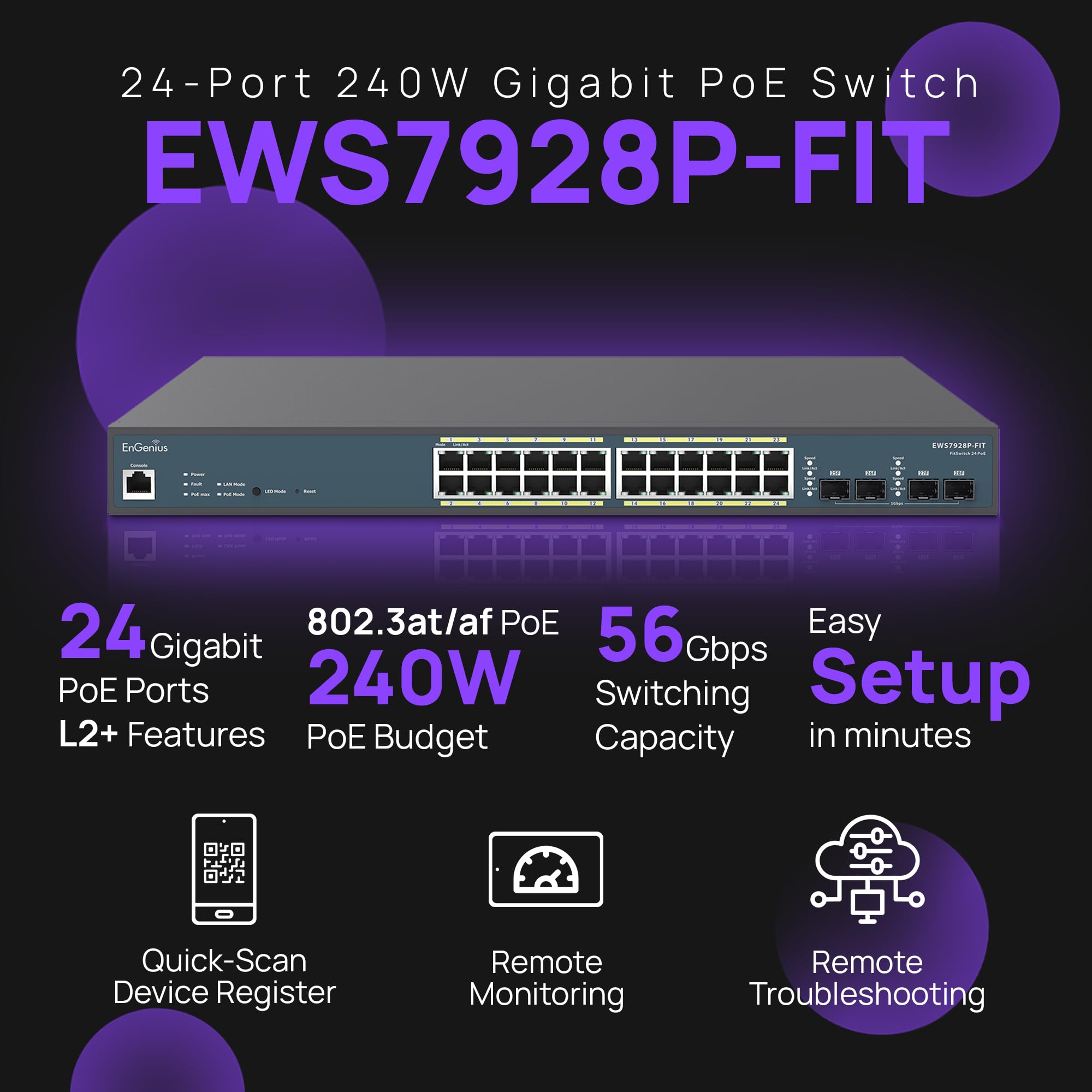 Engenius Fit L2 Plus Managed 24 Port Gigabit Poe+ Switch | 240W Budget | 4 Sfp Uplink Ports | 802.3At/Af Poe+ Ready | 56 Gbps Sw