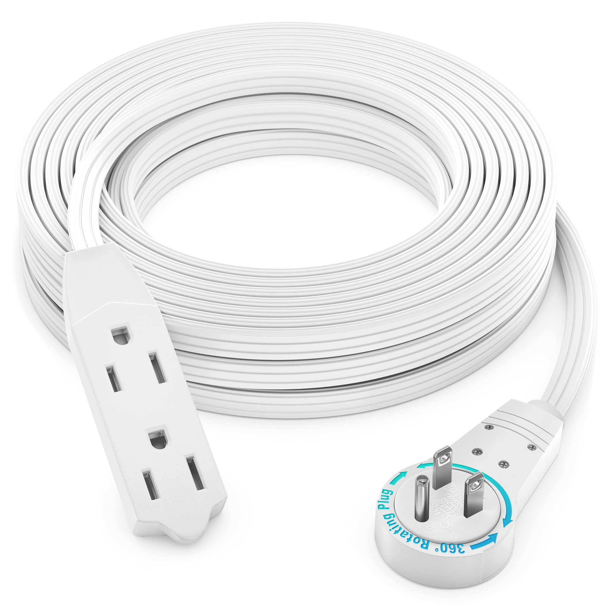 Maximm Cable 50 Ft 360 Rotating Flat Plug Extension Cord/Wire, 16 Awg Multi 3 Outlet Extension Wire, 3 Prong Grounded Wire   Whi