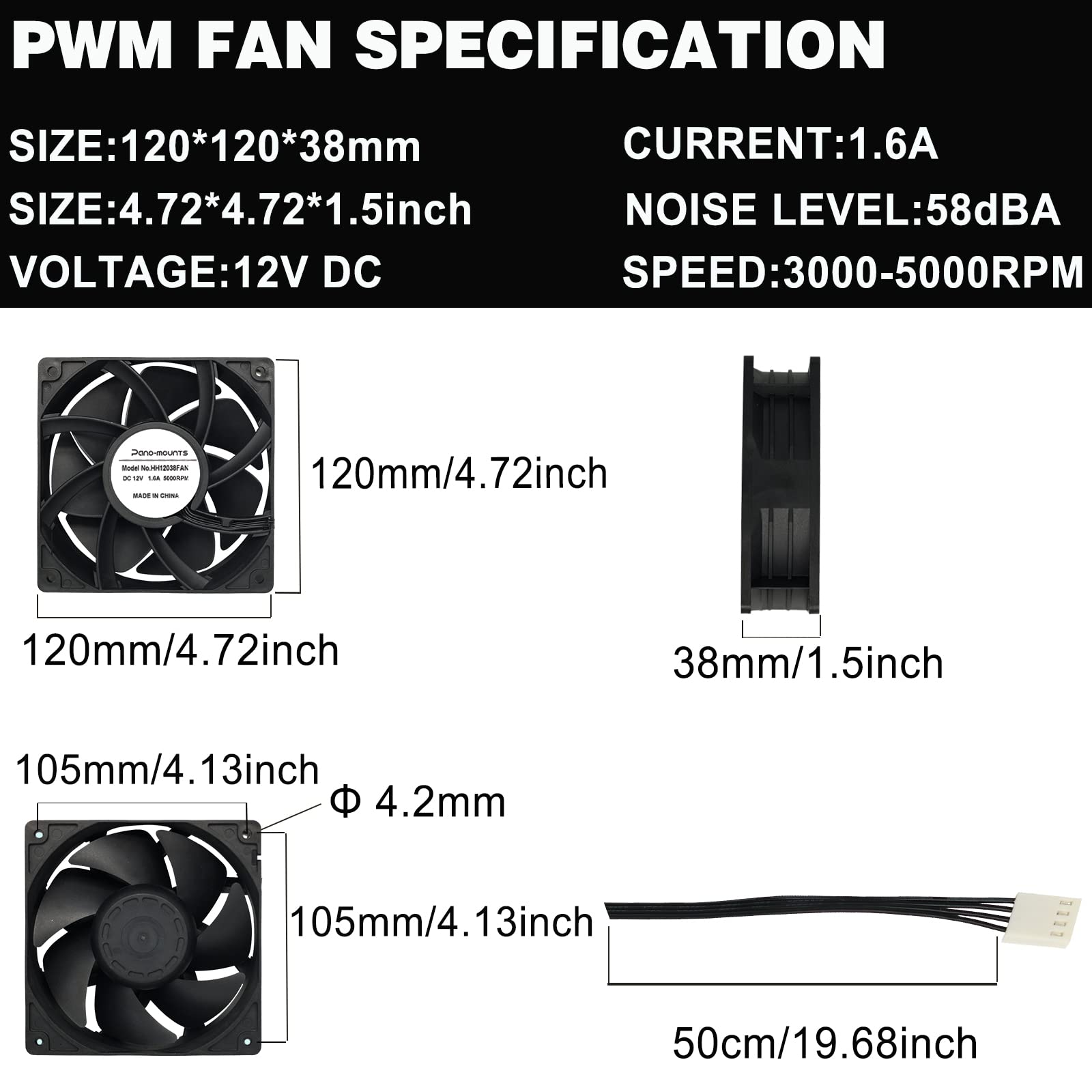 2 Pack 120Mm 12V Dc 12038 120Mm X 38Mm 4.72Inch High Speed Dual Ball Bearing 4Pin Antminer Fan Pwm High Cfm Brushless Pc Compute