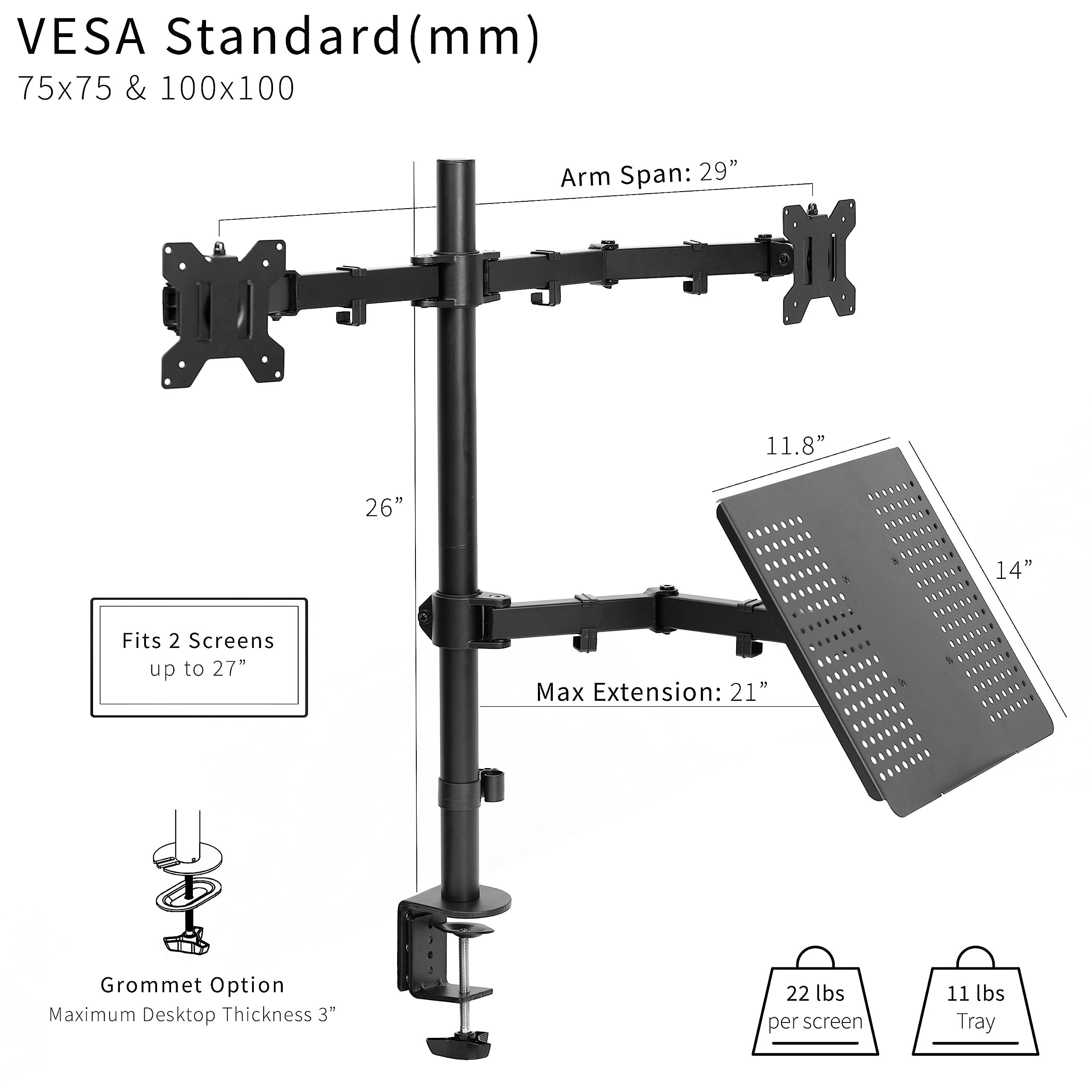 VIVO Laptop and Dual 13 to 27 inch LCD Monitor Stand up Desk Mount, Tall Adjustable Stand, Fits Laptops up to 17 inches, Black, STAND V012J