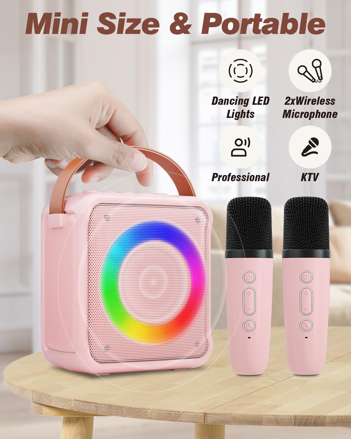 Verkb Mini Karaoke Machine For Kids Adults, Portable Bluetooth Speaker With 2 Wireless Microphones, Microphone Speaker Set With