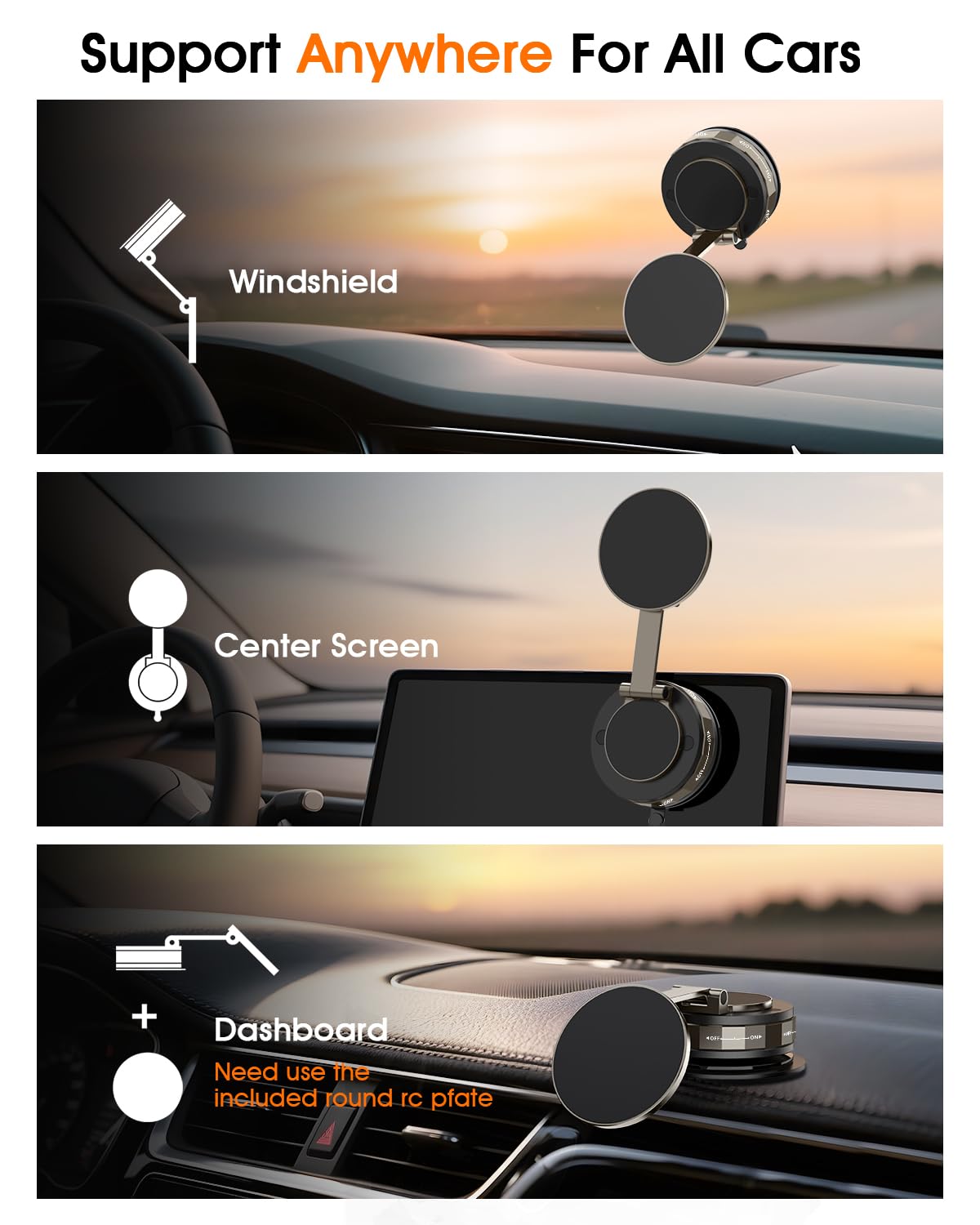 Yoozon For Magsafe Car Mount, Vacuum Strong Suction 2400Gf Magnetic Phone Holder, 360 Rotation Foldable Stand For All Smartphone