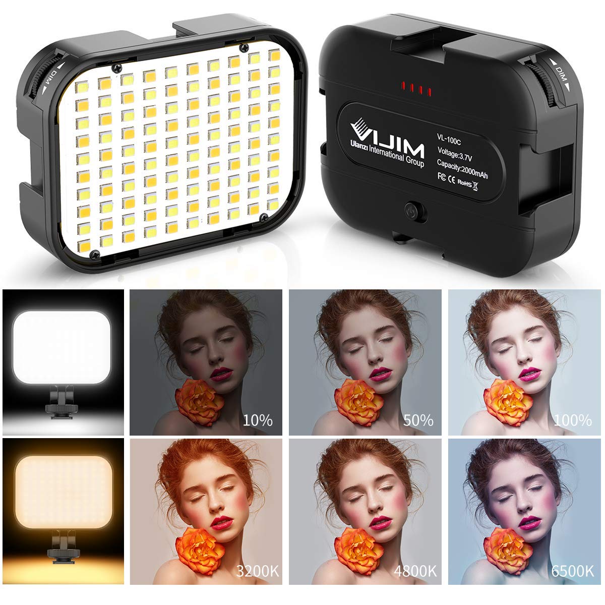 Vijim Vl100C Bi Color Led Video Light On Camera,Mini Rechargeable 2000Mah Led Camera Lights,Cri95+ Dimmable 2500 6500K Ultra Bri