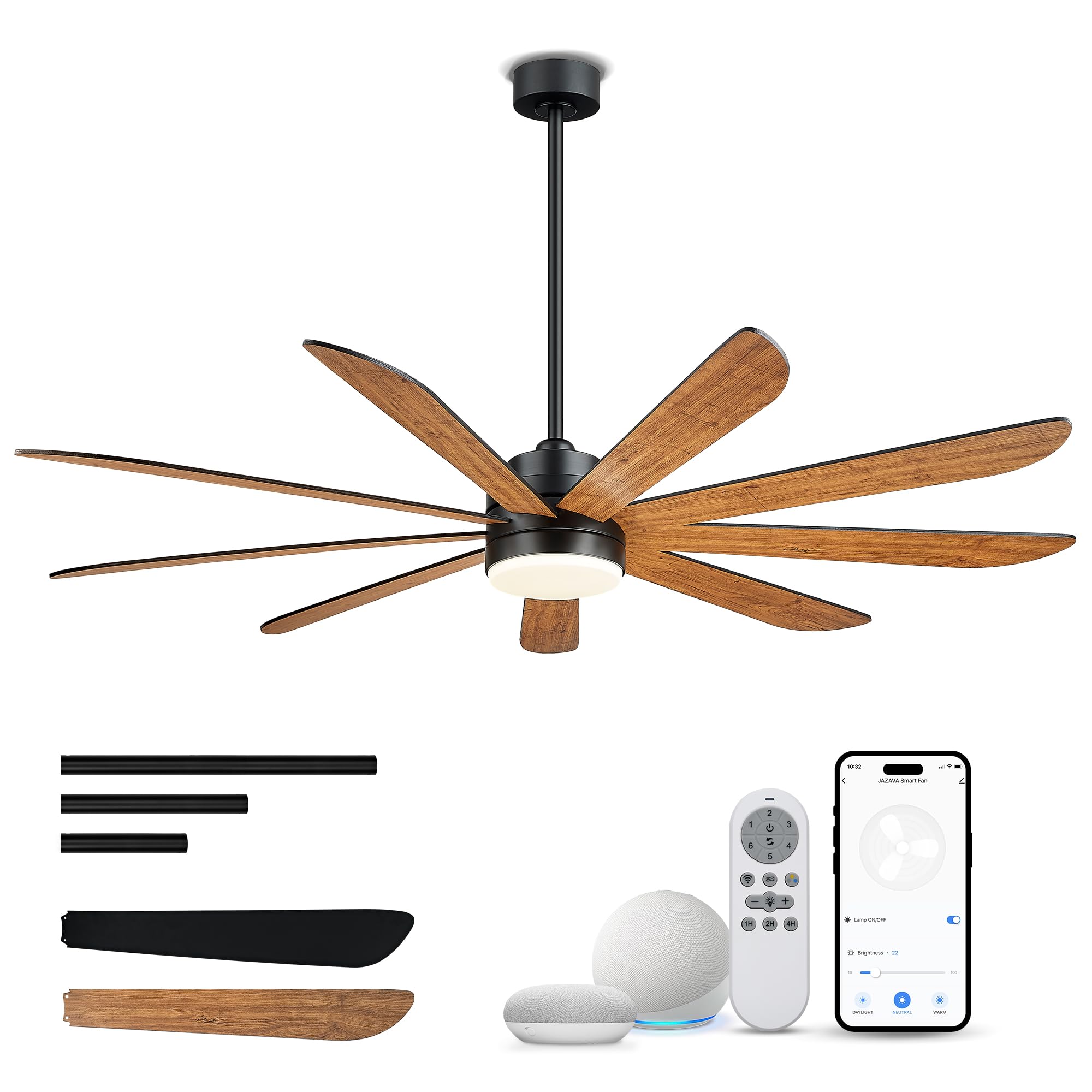 JAZAVA 72 Inch Black Ceiling Fans with Lights and Remote, LED Ceiling Fan with Voice Control, 3CCT Dimmable and Quiet Reversible