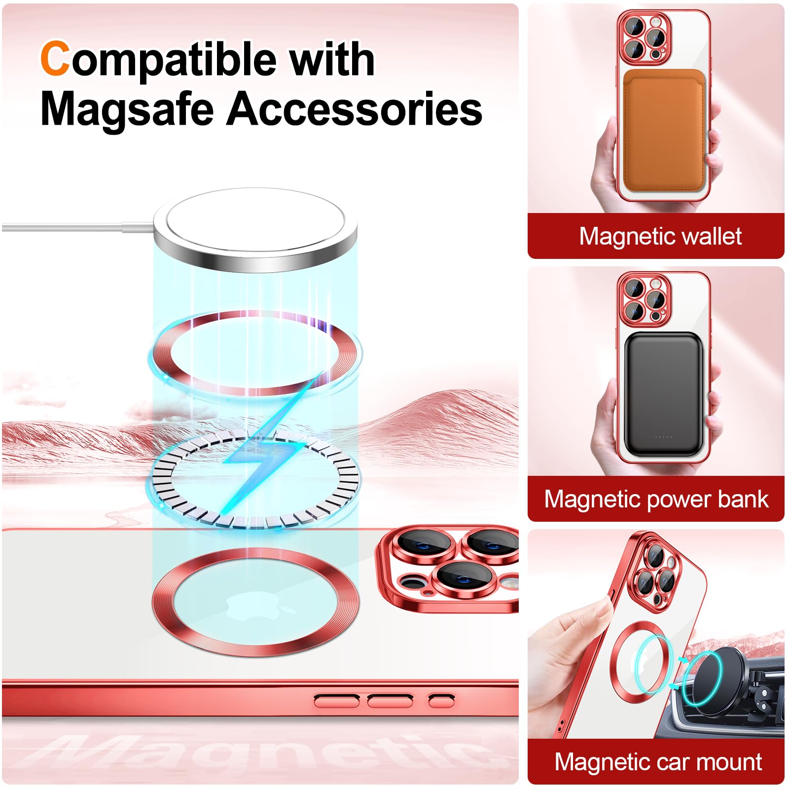 Hython For Iphone 15 Pro Case Clear Magnetic Glitter Phone Cases [Compatible With Magsafe] Full Camera Lens Protector Slim Gradi