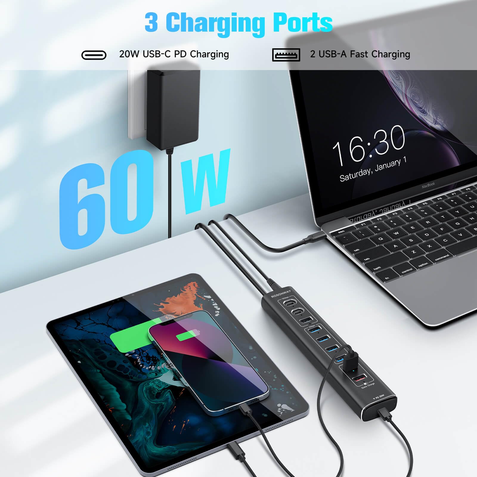 Rosonway 10-Port Powered USB 3.2 Hub, 60W, Aluminum, 3x10Gbps USB-C, 4 USB 3.0 Data Ports, Silver,