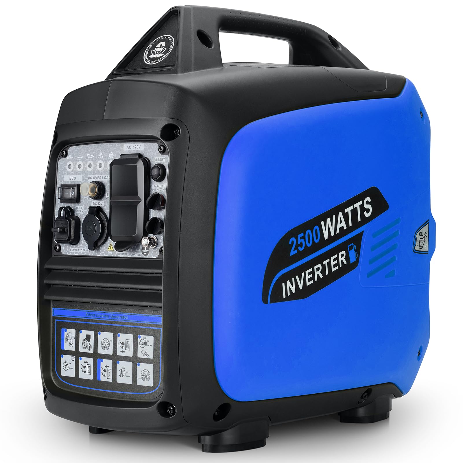 Portable Inverter Generator 2500W Gas Powered, Quiet Generators for Home Use, Camping, Emergency Home Backup, Parallel Ready, wi