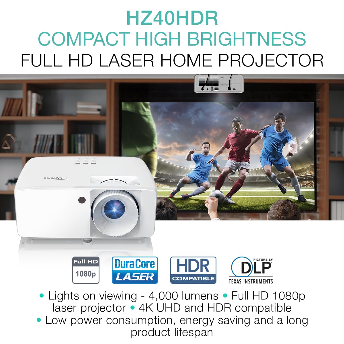 Optoma Hz40Hdr Compact Long Throw Laser Home Theater And Gaming Projector, 1080P Hd With 4K Hdr Input, High Bright 4,000 Lumens