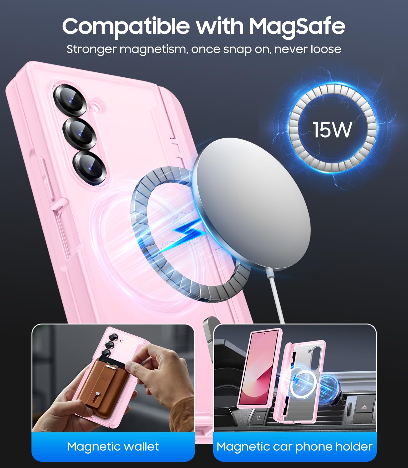 Makavo For Samsung Galaxy Z Fold 6 Case With S Pen Holder, Fit For Magsafe, Built-In Screen Protector, Hinge Cover & Stand, Tran