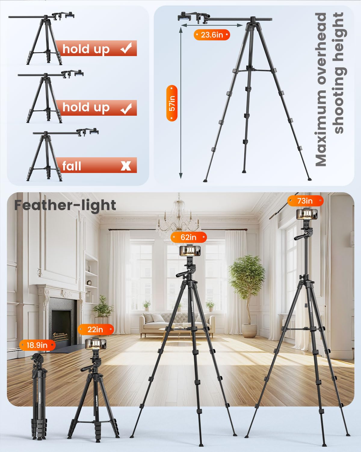Cambofoto 73'' Phone Tripod With Horizontal Overhead, Selfie Stick/Tall Travel Tripod Stand With Wireless Remote And Iphone Hold