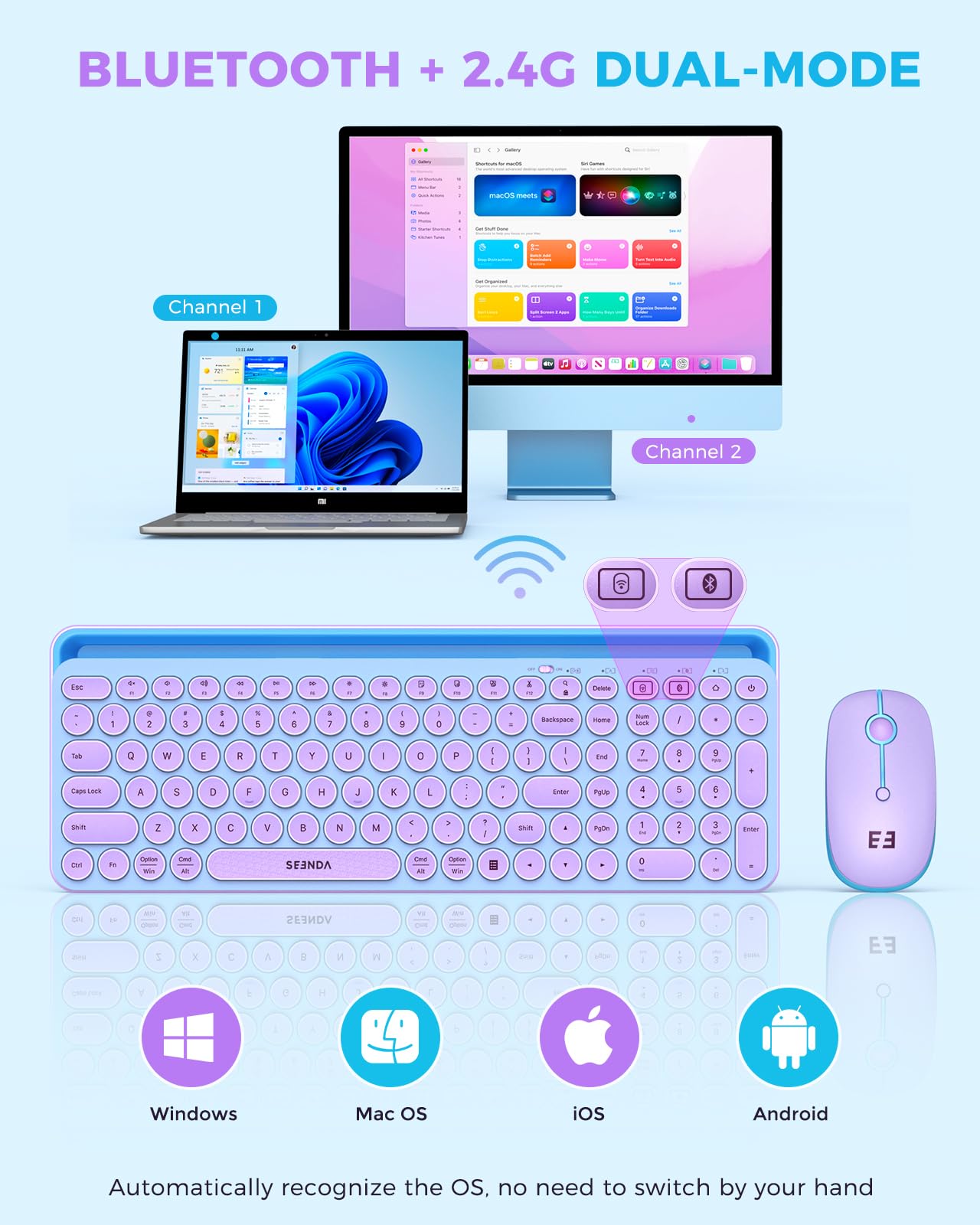Seenda Bluetooth Keyboard And Mouse For Ipad, Multi Device Bluetooth + 2.4G Wireless Keyboard Mouse With Tablet Holder For Macbook/Windows Computer, Ios/Andriod Tablet Phone, Blue & Purple