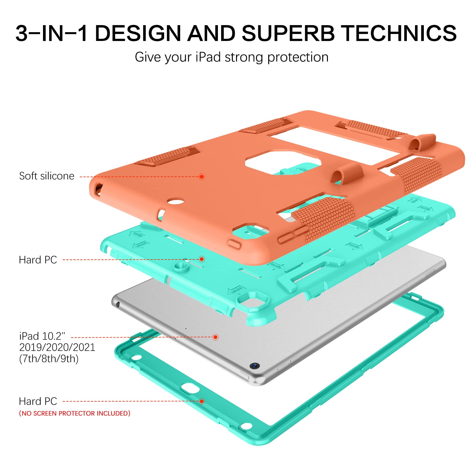 Veningo Ipad 9Th Generation Case, Ipad 8Th Gen Case,Ipad 7Th Gen Case, Ipad 10.2 2021/2020/2019 Case, 3 In 1 Heavy Duty Rugged S