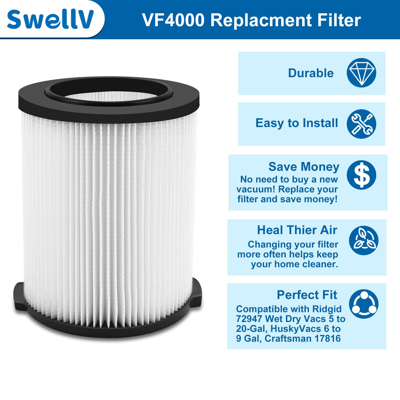 Swellv 2 Pack Vf4000 Replacement Filter Compatible With Ridgid Vacs Wet Dry 5 20 Gal& 6 9 Gal Husky Vacuum & Craftsman Shop Vacu