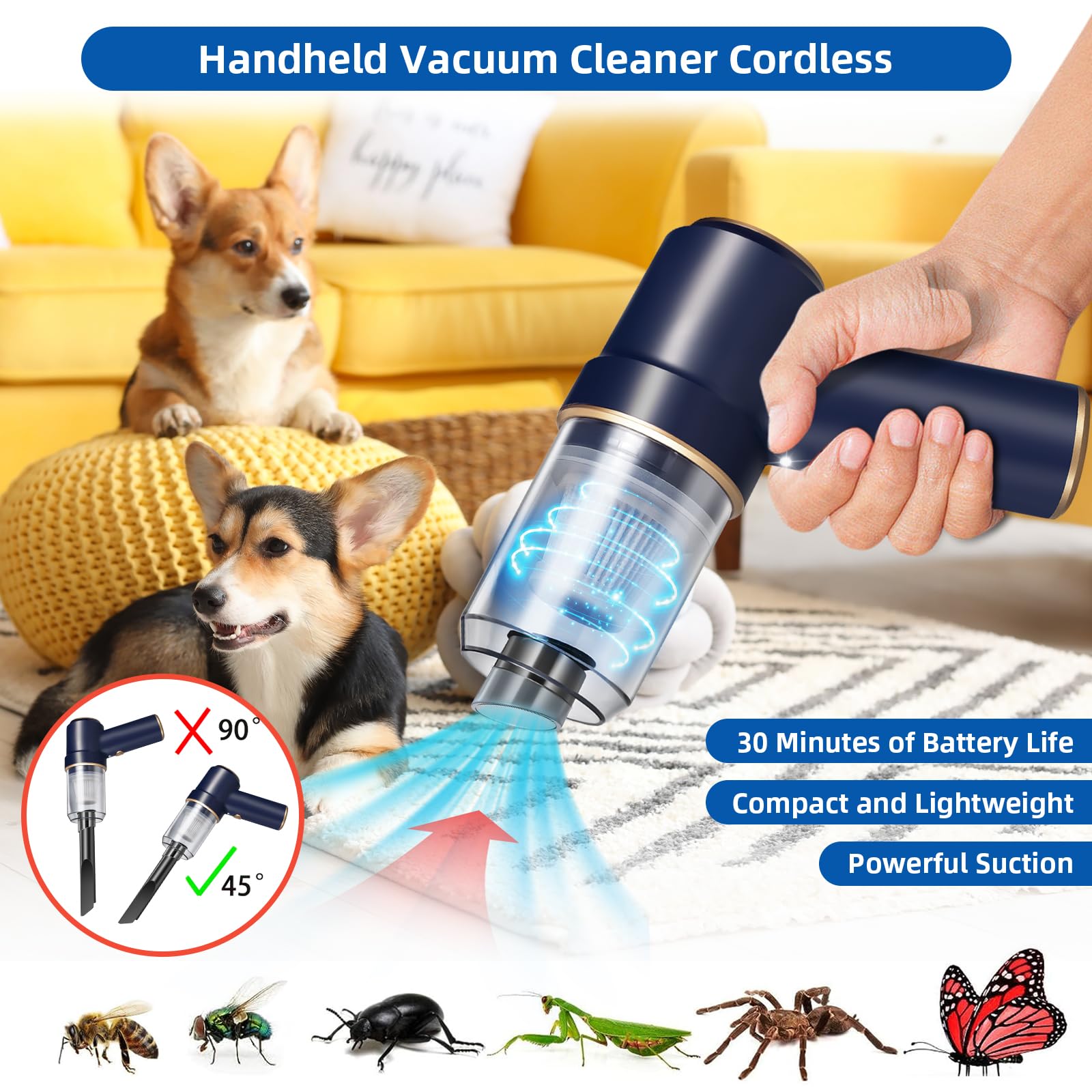 Bug Vacuum Catcher For Insect Pet Hair Dust Handheld Vacuum Cleaner Cordless Rechargeable Dust Buster & Air Blower With Strong S
