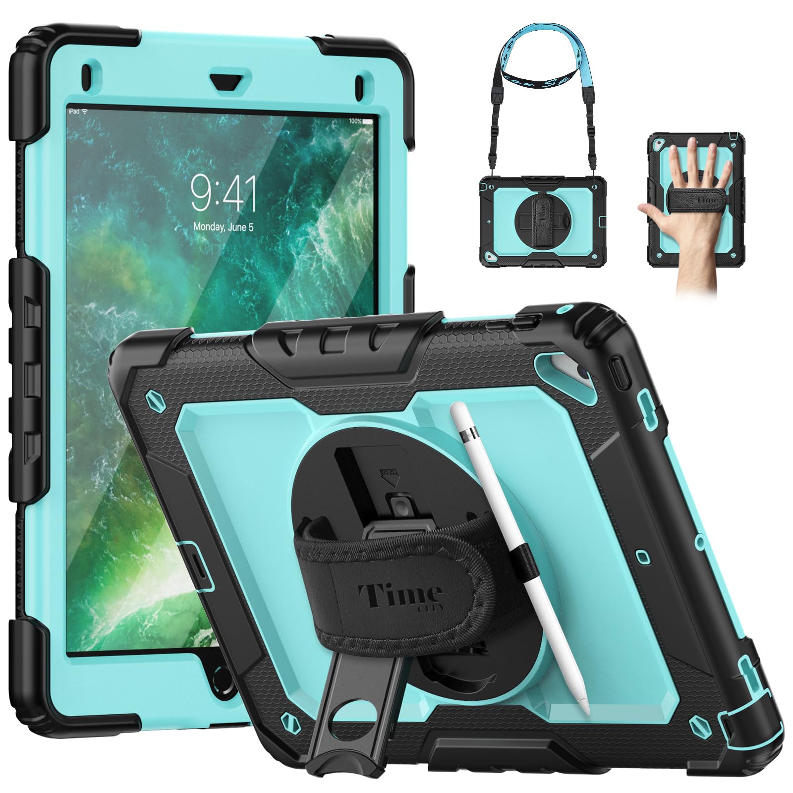 Timecity Case Compatible With Ipad 6Th/5Th Generation,9.7 Inch 2018/2017 Case With Rotating Stand/Strap Full Body Silicone+Pc Pr