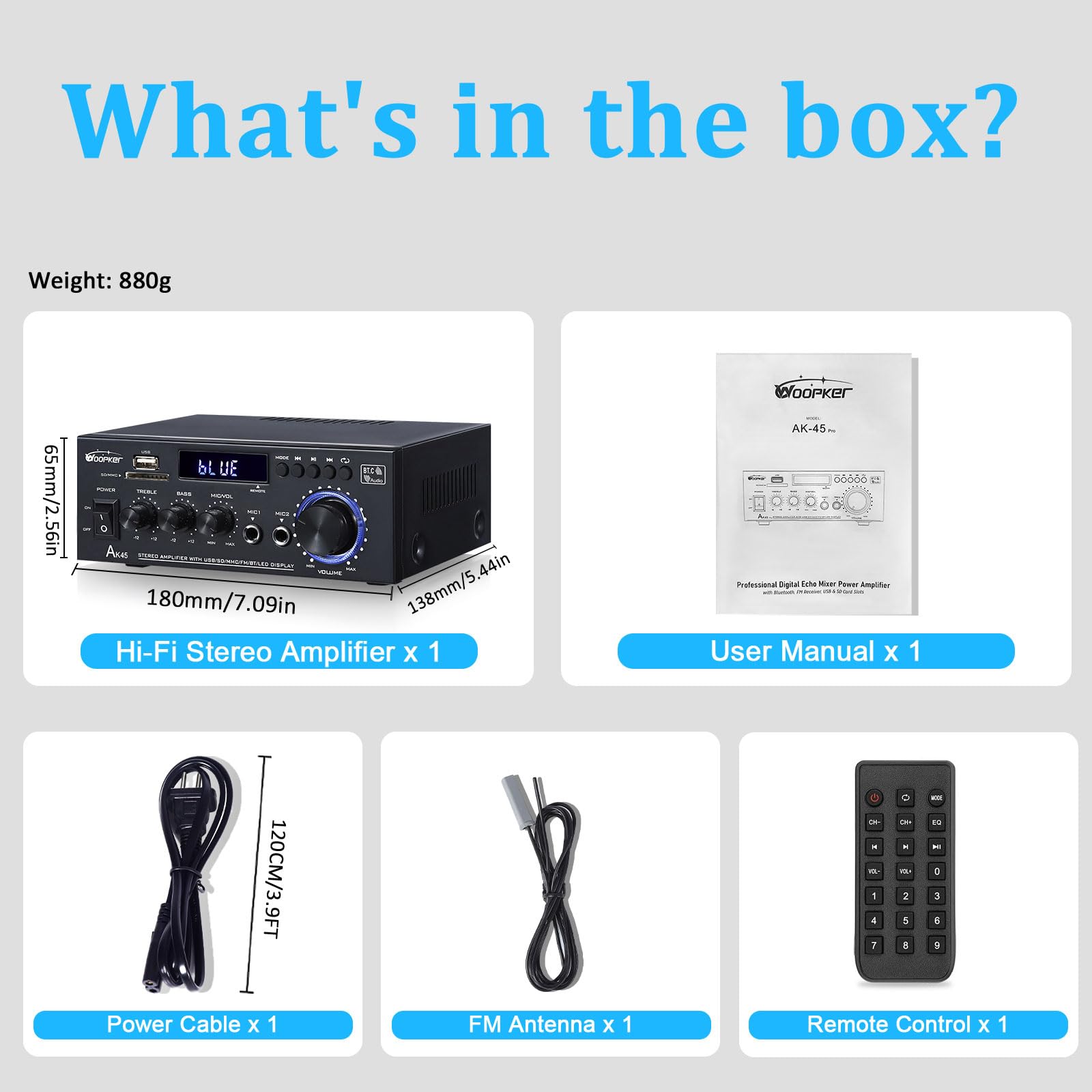 Ak45 Stereo Amplifiers Home Audio, Stereo Receivers 300W Home 2 Channel Bluetooth 5.0 Power Amplifier System, Fm Radio, Usb, Sd